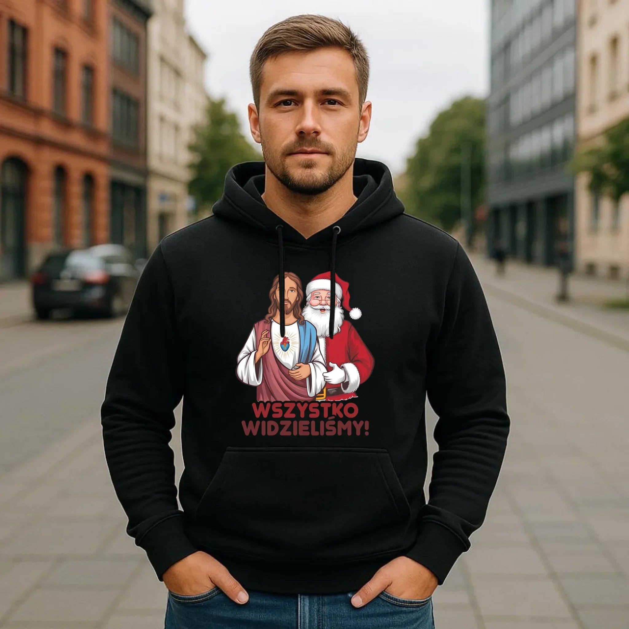 Bluza męska z kapturem świąteczna - Jezus i Mikołaj Wszystko widzieliśmy BN89 - StoryCups.pl