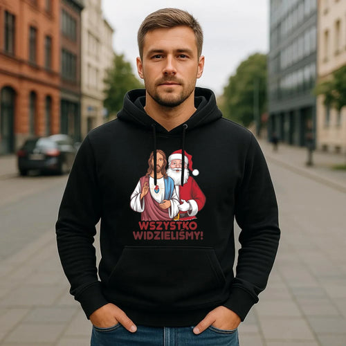 Bluza męska z kapturem świąteczna - Jezus i Mikołaj Wszystko widzieliśmy BN89 - StoryCups.pl