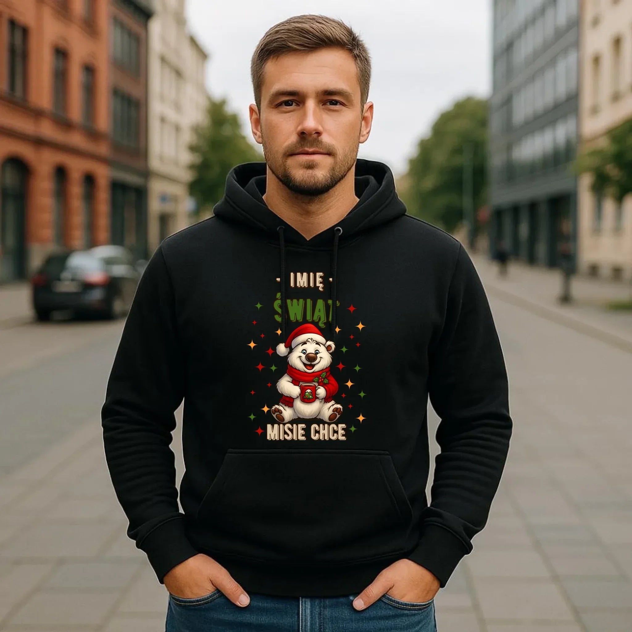 Bluza męska z kapturem świąteczna - Misiek Świąt misie chce - personalizowana BN86 - StoryCups.pl
