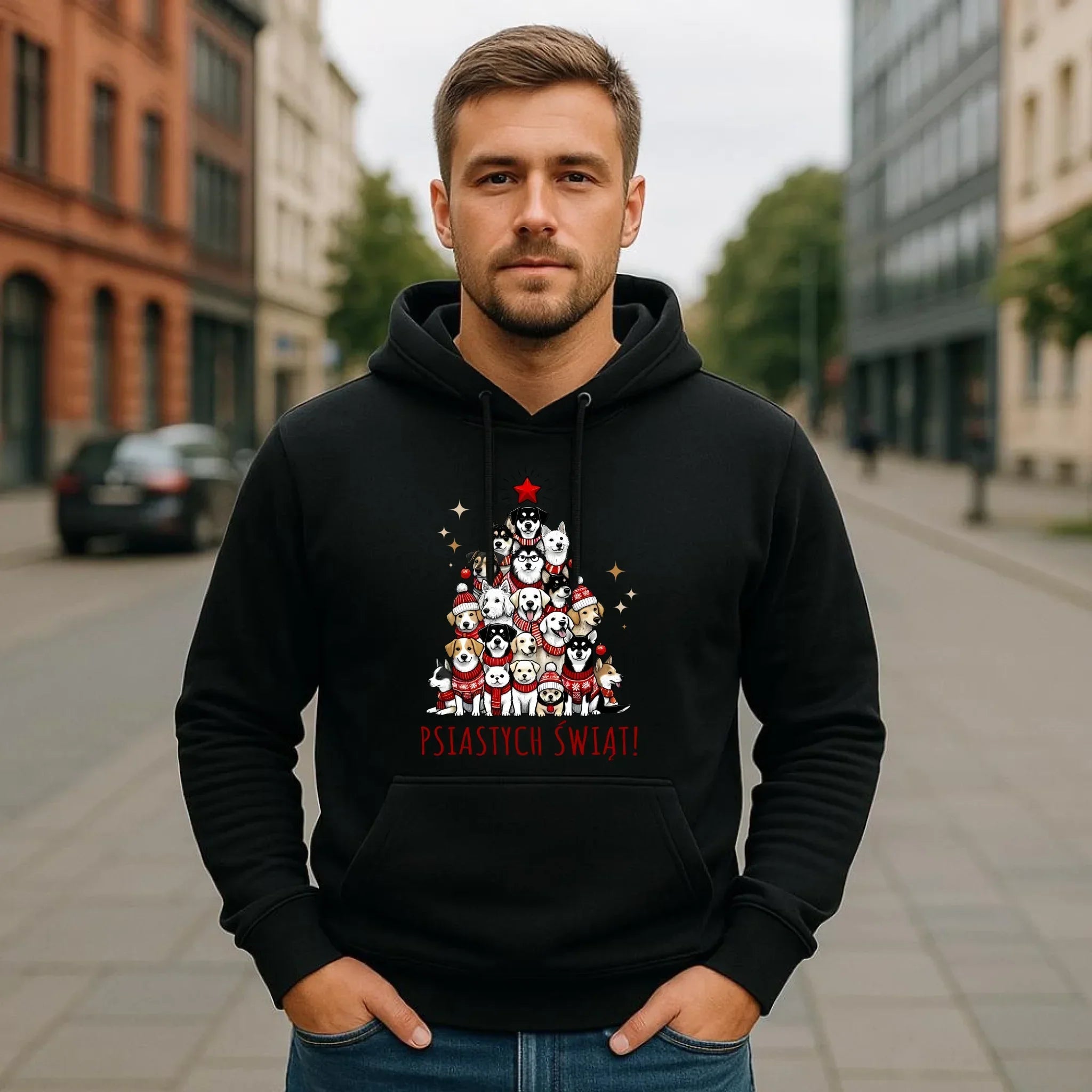 Bluza męska z kapturem świąteczna - Psia choinka Psiastych Świąt BN90 - StoryCups.pl