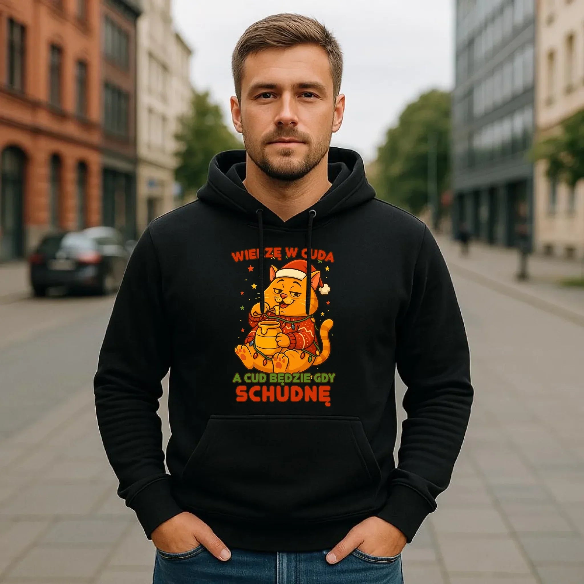 Bluza męska z kapturem świąteczna - Wierzę w cuda, a cud będzie gdy schudnę BN88 - StoryCups.pl