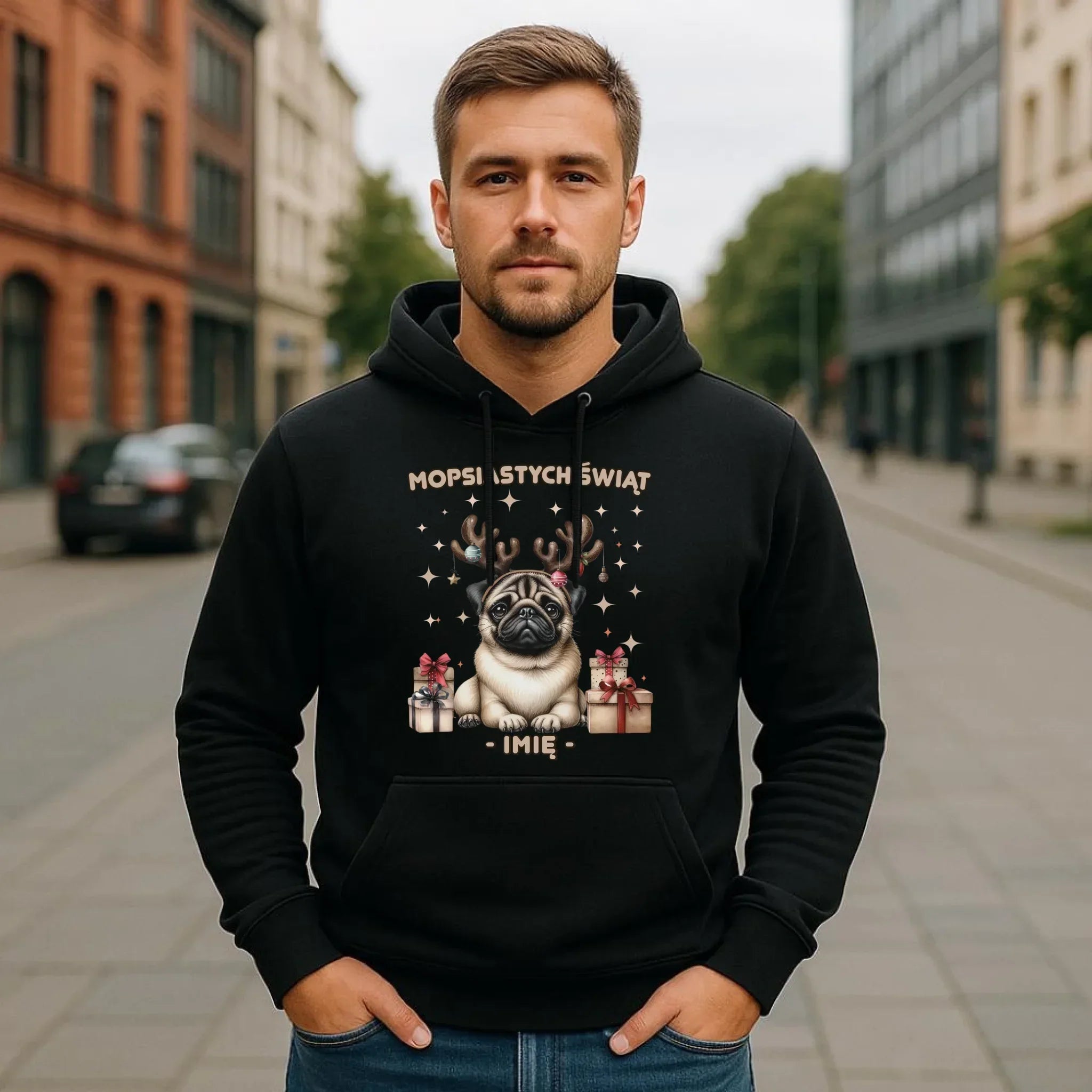 Bluza męska z kapturem świąteczna - Mops Mopsiastych świąt - personalizowana BN91 - StoryCups.pl