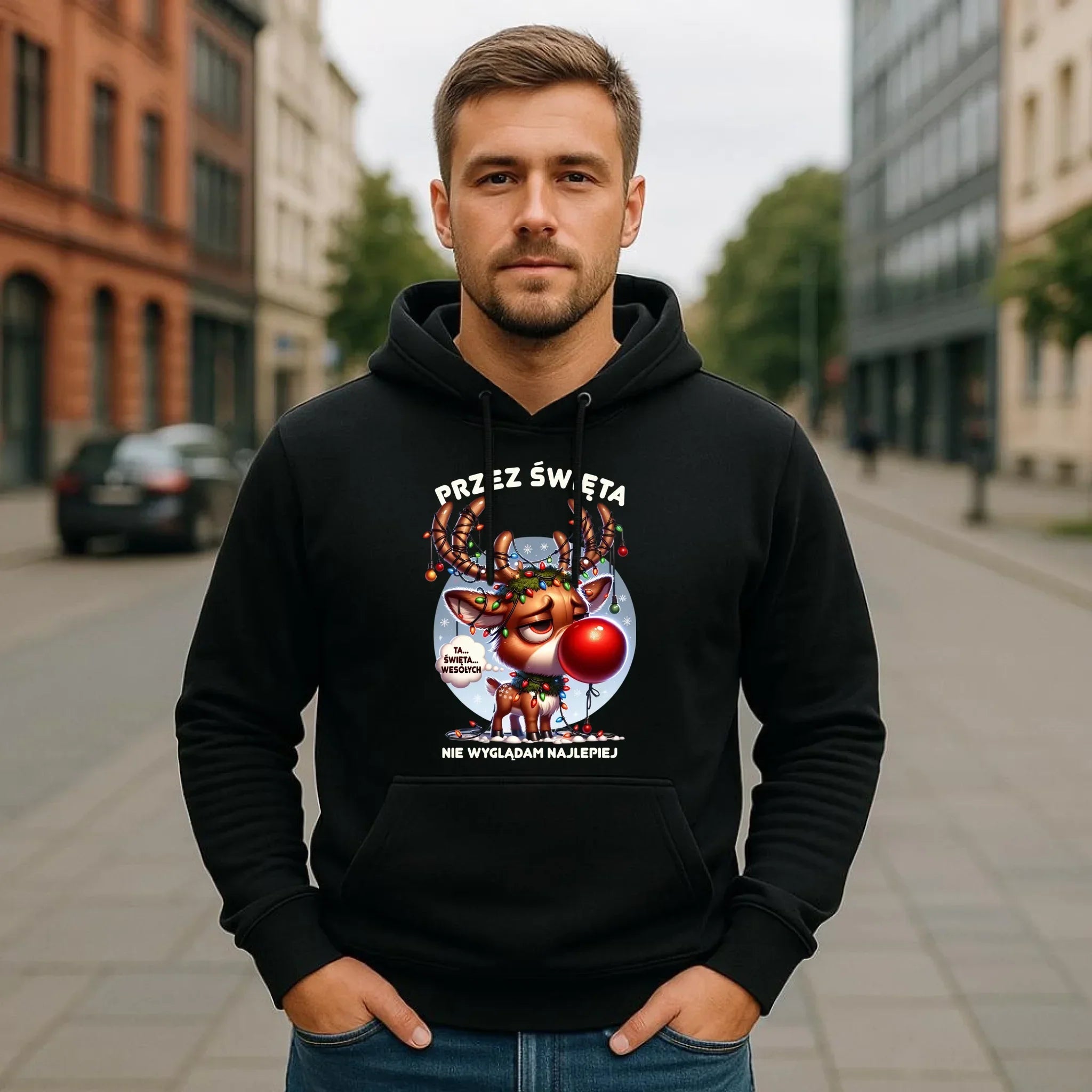 Bluza męska z kapturem świąteczna - Renifer Przez święta nie wyglądam najlepiej BN98 - StoryCups.pl