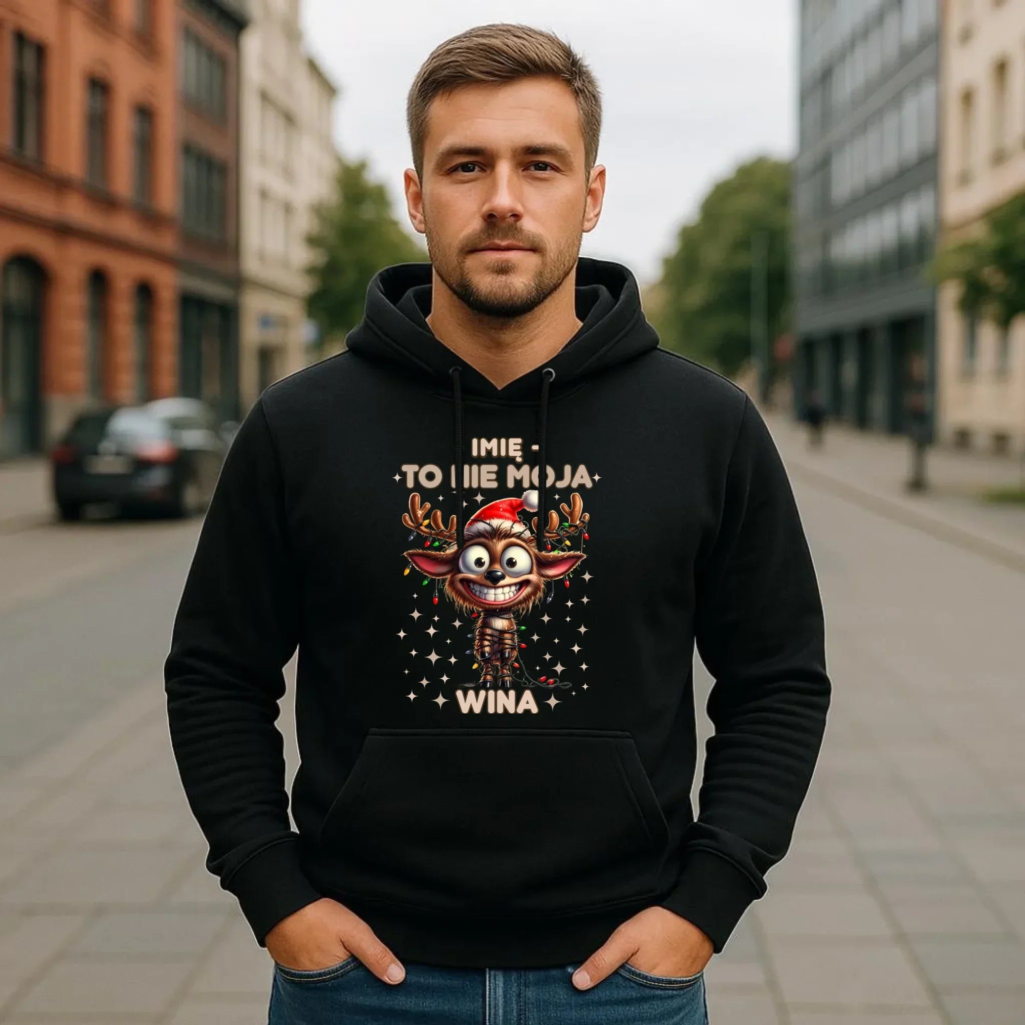 Bluza męska z kapturem świąteczna - Renifer To nie moja wina - personalizowana BN93 - StoryCups.pl