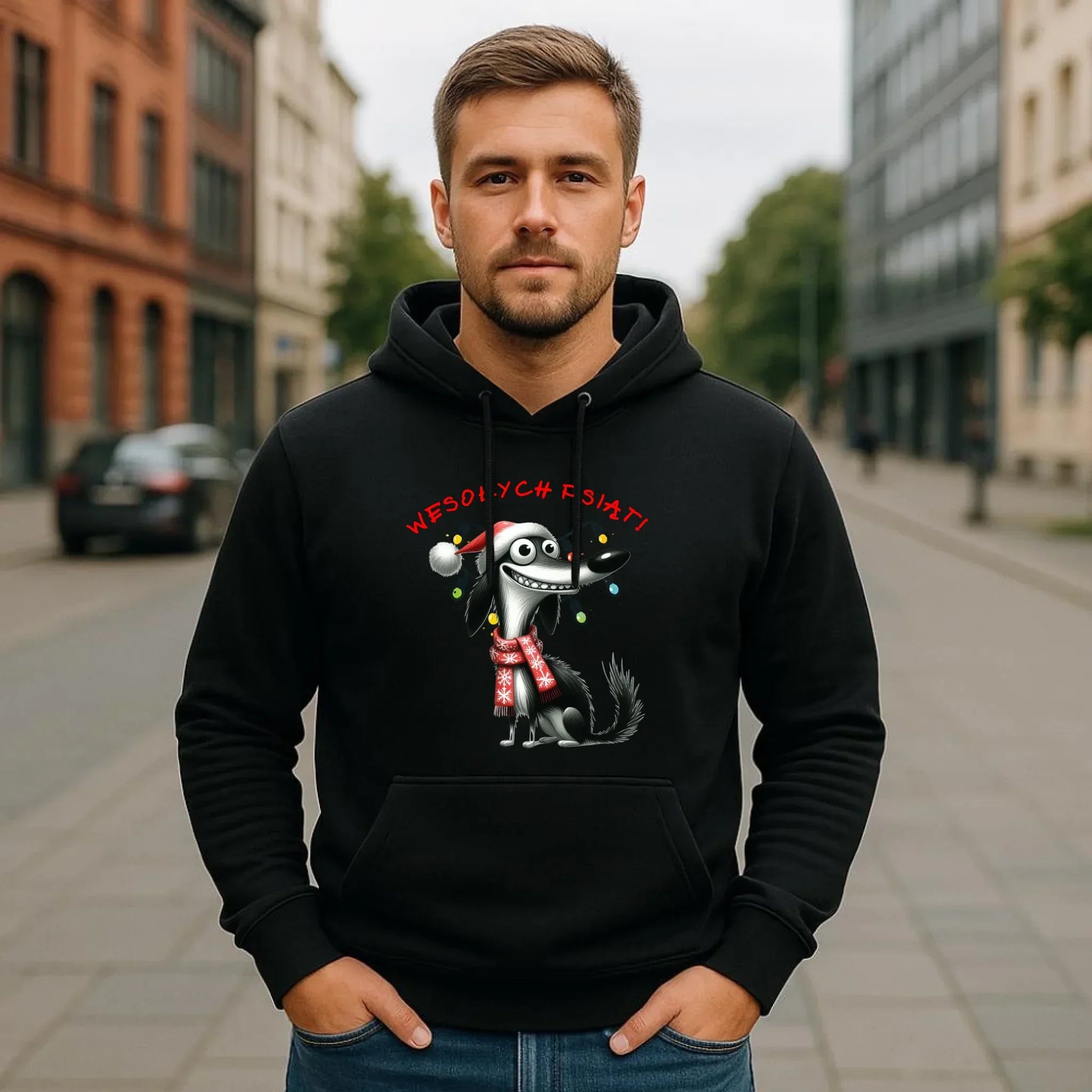 Bluza męska z kapturem świąteczna - Pies Wesołych psiąt BN140 - StoryCups.pl