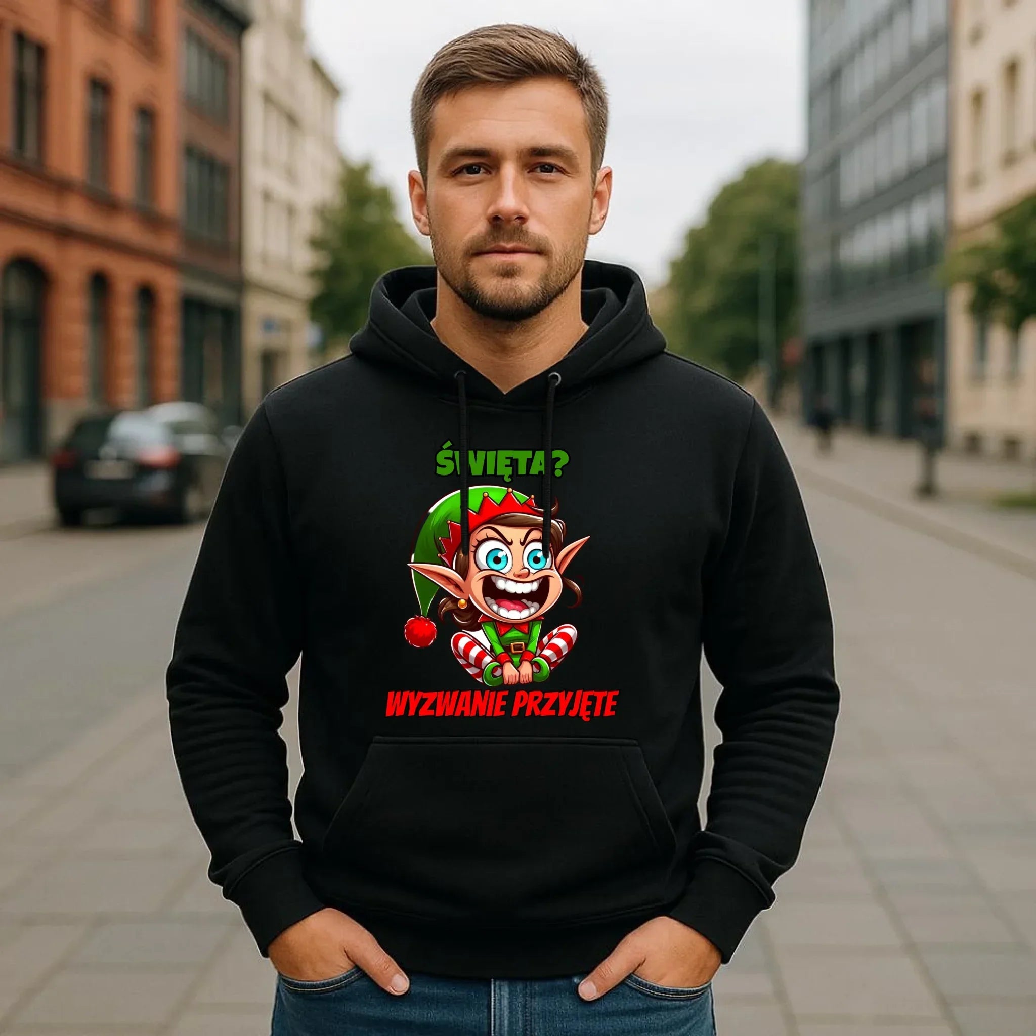 Bluza męska z kapturem świąteczna - Skrzat Wyzwanie przyjęte BN100 - StoryCups.pl