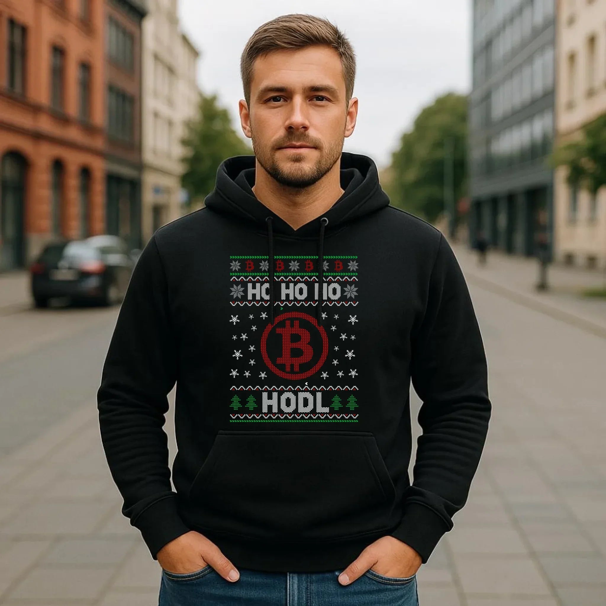 Bluza męska z kapturem świąteczna - Bitcoin - Ho Ho hodl BN103 - StoryCups.pl