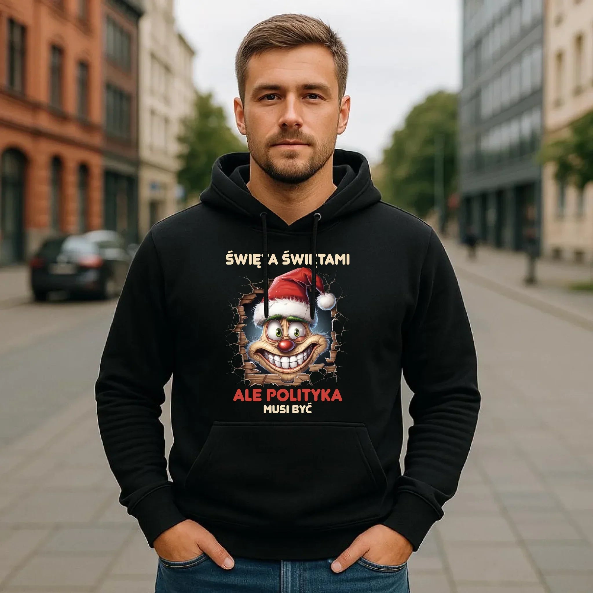 Bluza męska z kapturem świąteczna - Święta świętami ale polityka musi być BN102 - StoryCups.pl