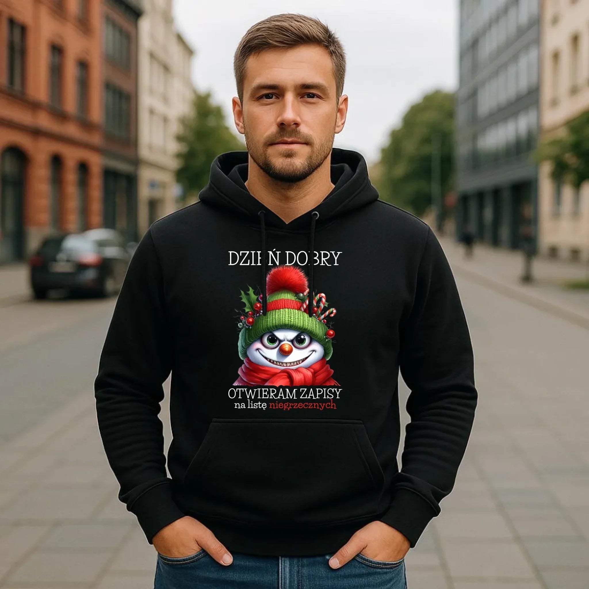 Bluza męska z kapturem świąteczna - Niegrzeczny bałwan - Dzień dobry otwieram zapisy na listę BN121 - StoryCups.pl