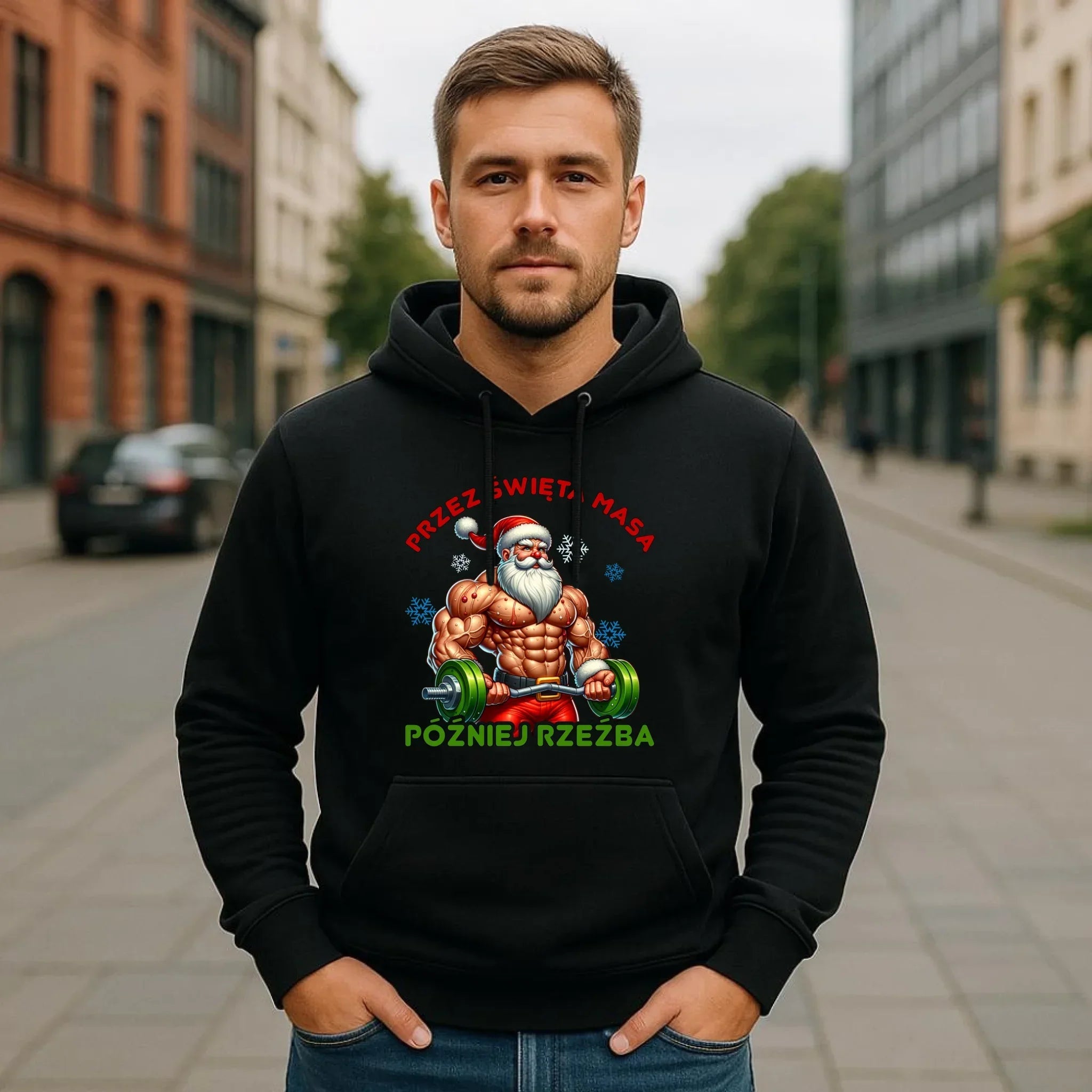 Bluza męska z kapturem świąteczna - Mikołaj na siłowni - Przez święta masa, później rzeźba BN139 - StoryCups.pl
