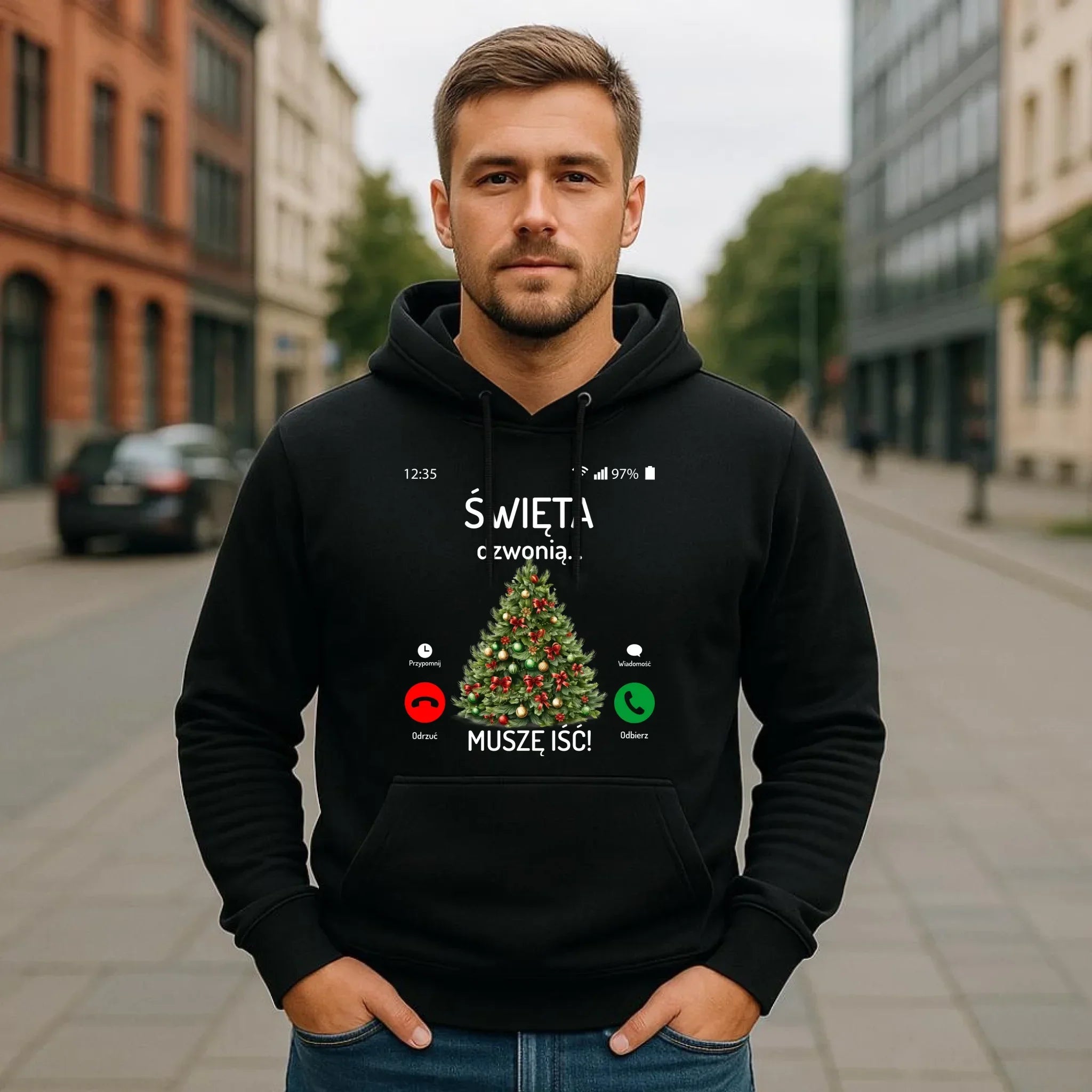 Bluza męska z kapturem świąteczna - Choinka Święta dzwonią muszę iść BN124 - StoryCups.pl
