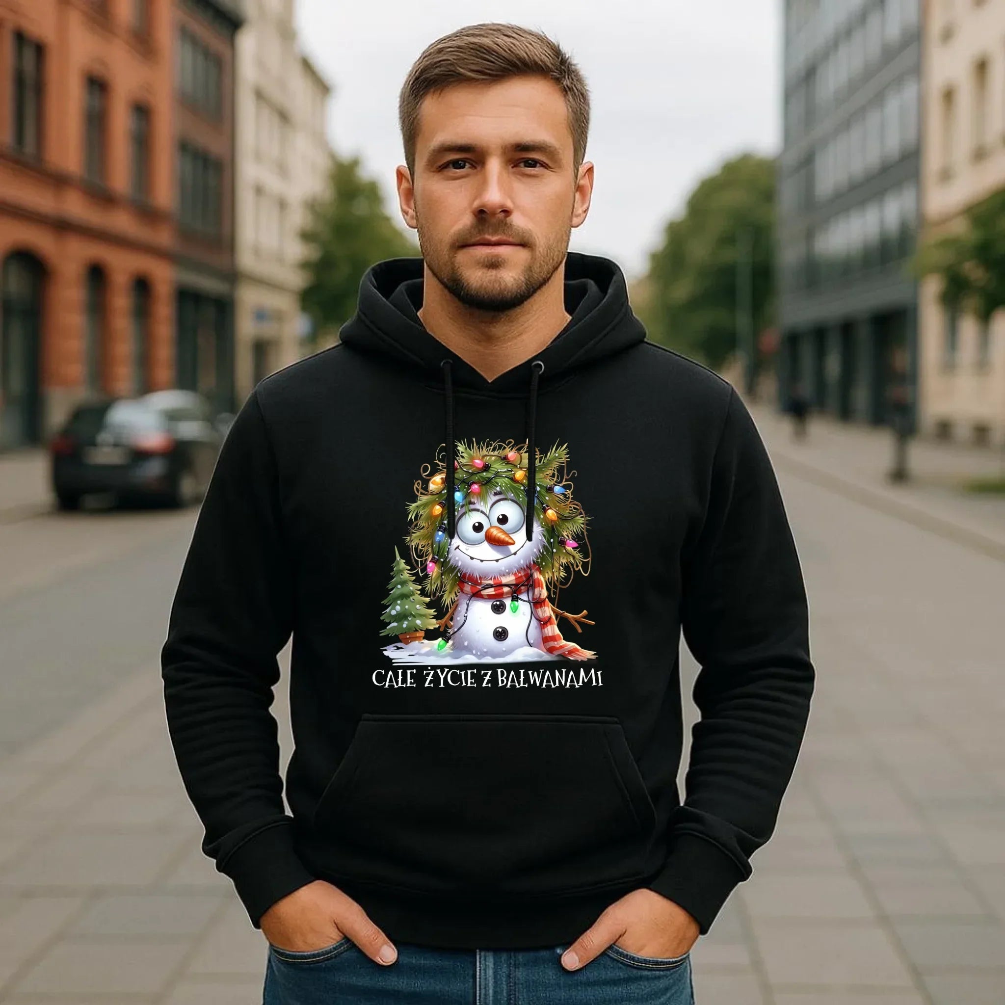 Bluza męska z kapturem świąteczna - Całe życie z bałwanami BN125 - StoryCups.pl