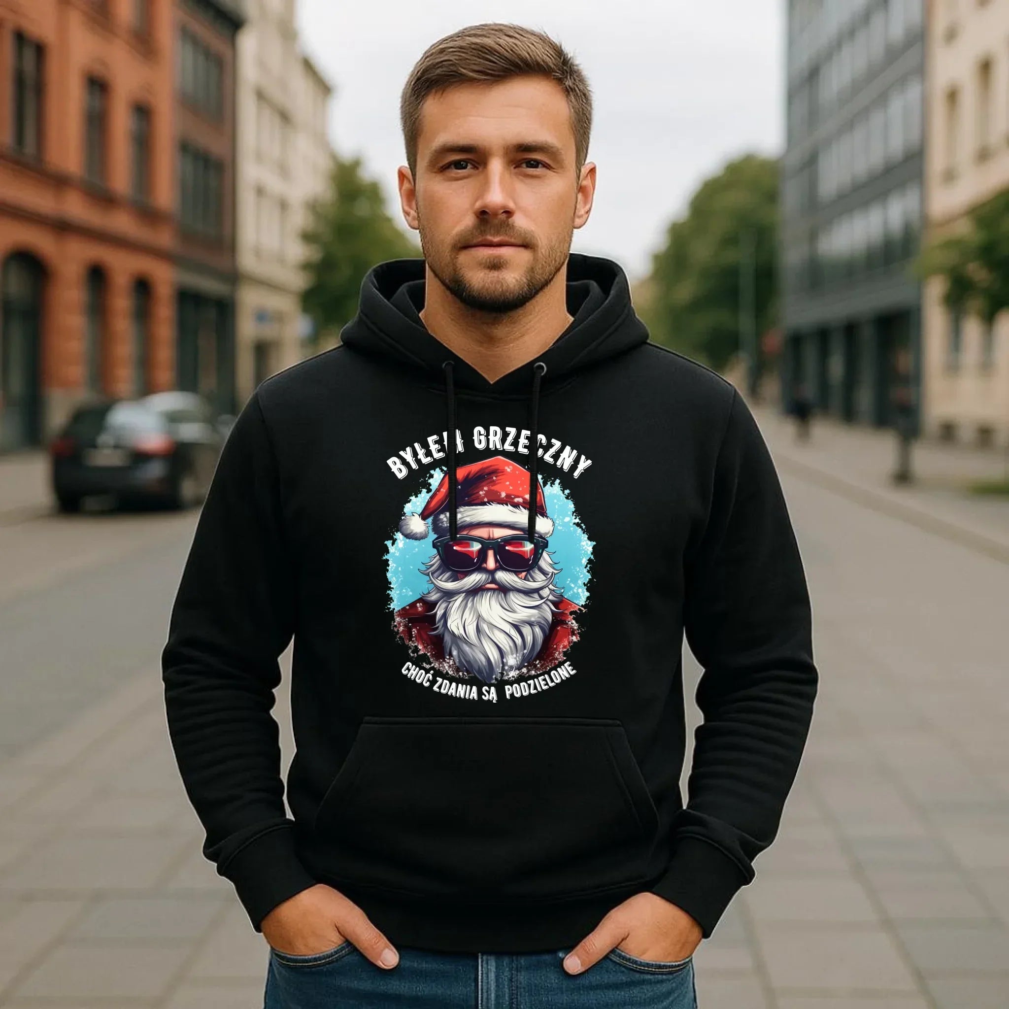 Bluza męska z kapturem świąteczna - Mikołaj - Byłem grzeczny, choć zdania są podzielone BN126 - StoryCups.pl