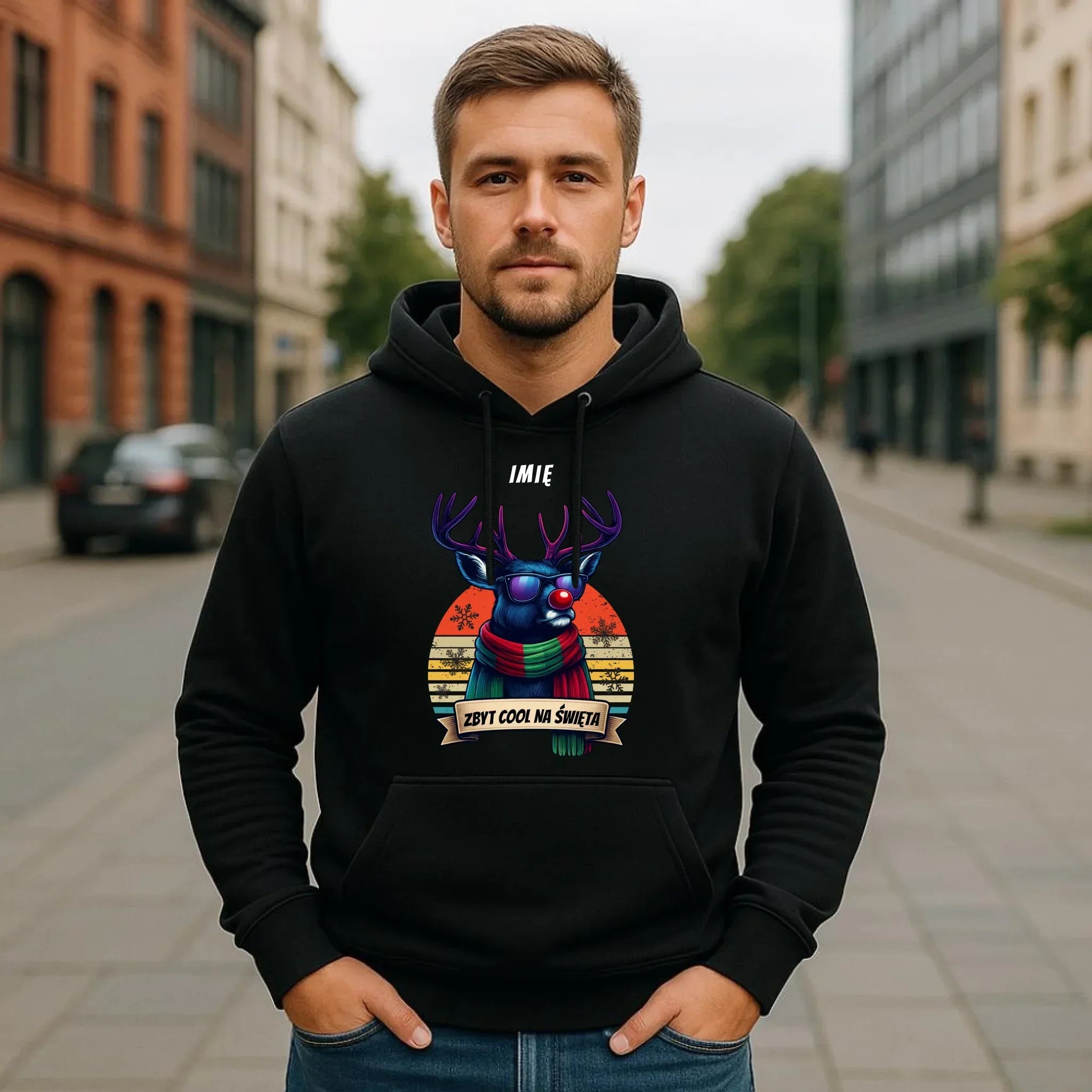 Bluza męska z kapturem świąteczna z reniferem - Zbyt cool na święta - personalizowana BN128 - StoryCups.pl