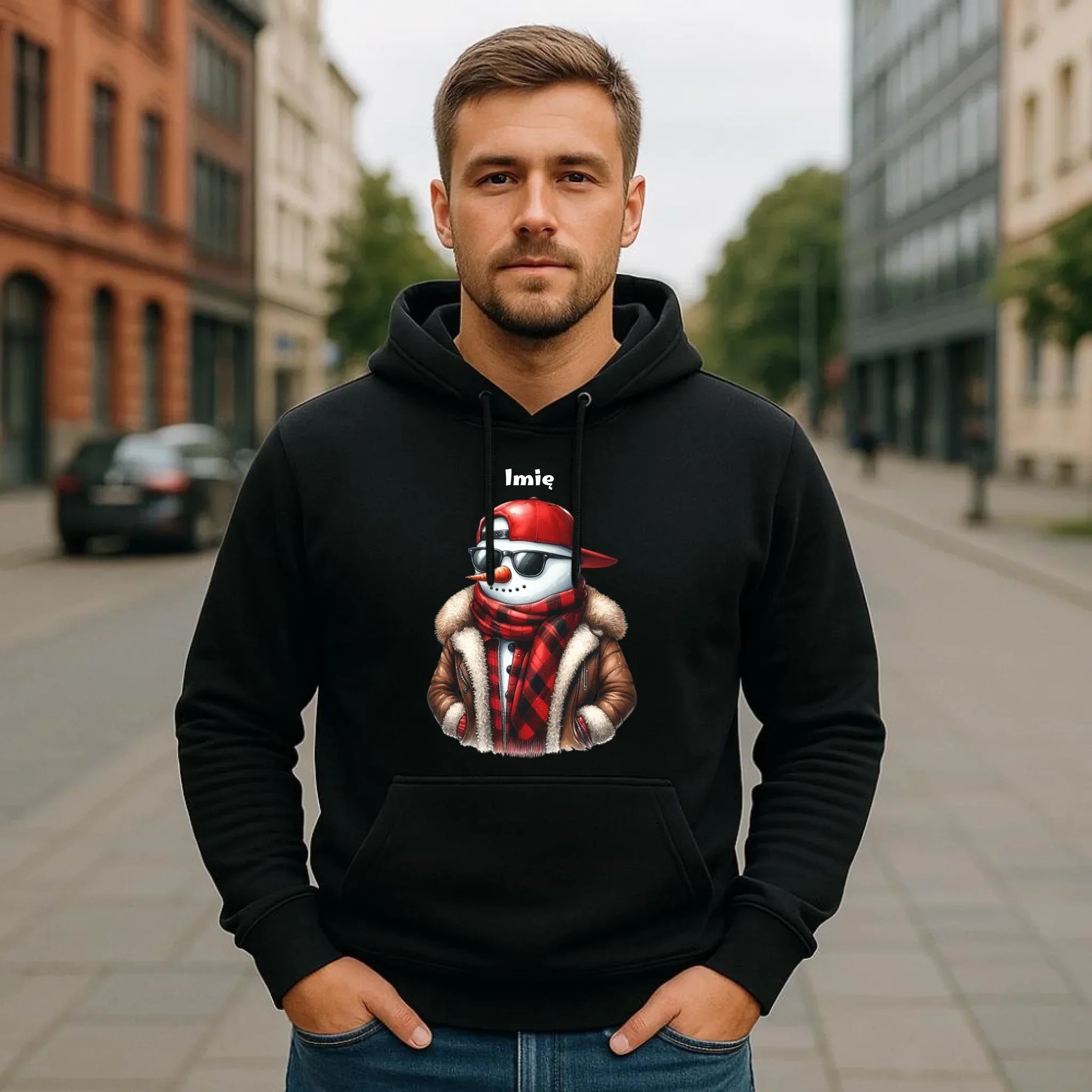 Bluza męska z kapturem świąteczna - Stylowy bałwan - personalizowana BN129 - StoryCups.pl