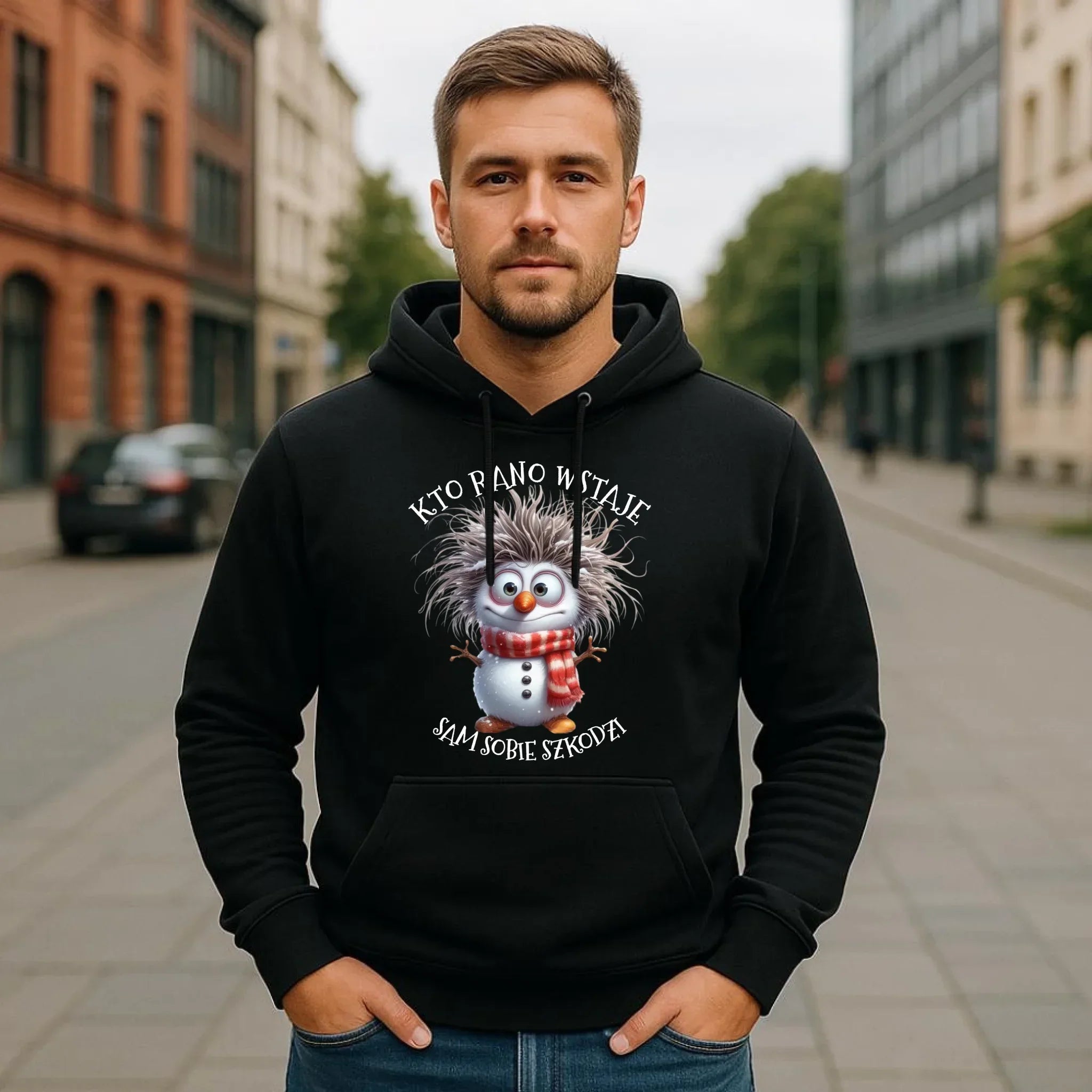 Bluza męska z kapturem świąteczna - Bałwanek - Kto rano wstaje sam sobie szkodzi BN133 - StoryCups.pl