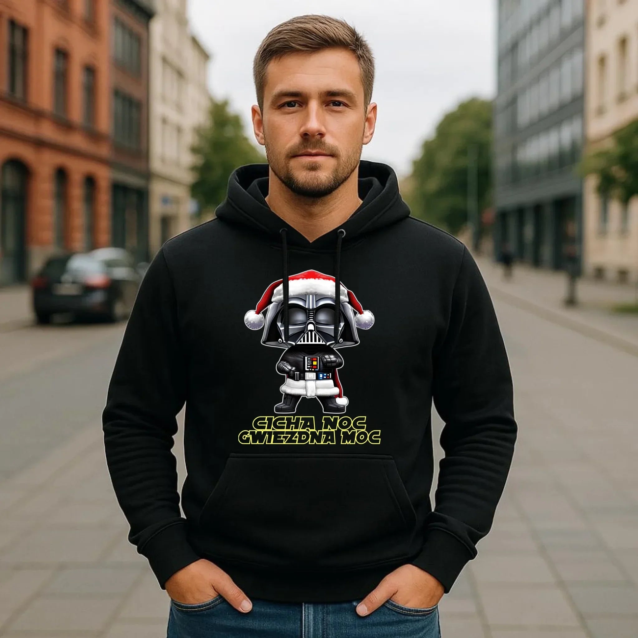Bluza męska z kapturem świąteczna dla fanów Gwiezdnych Wojen - Cicha noc, gwiezdna moc BN132 - StoryCups.pl