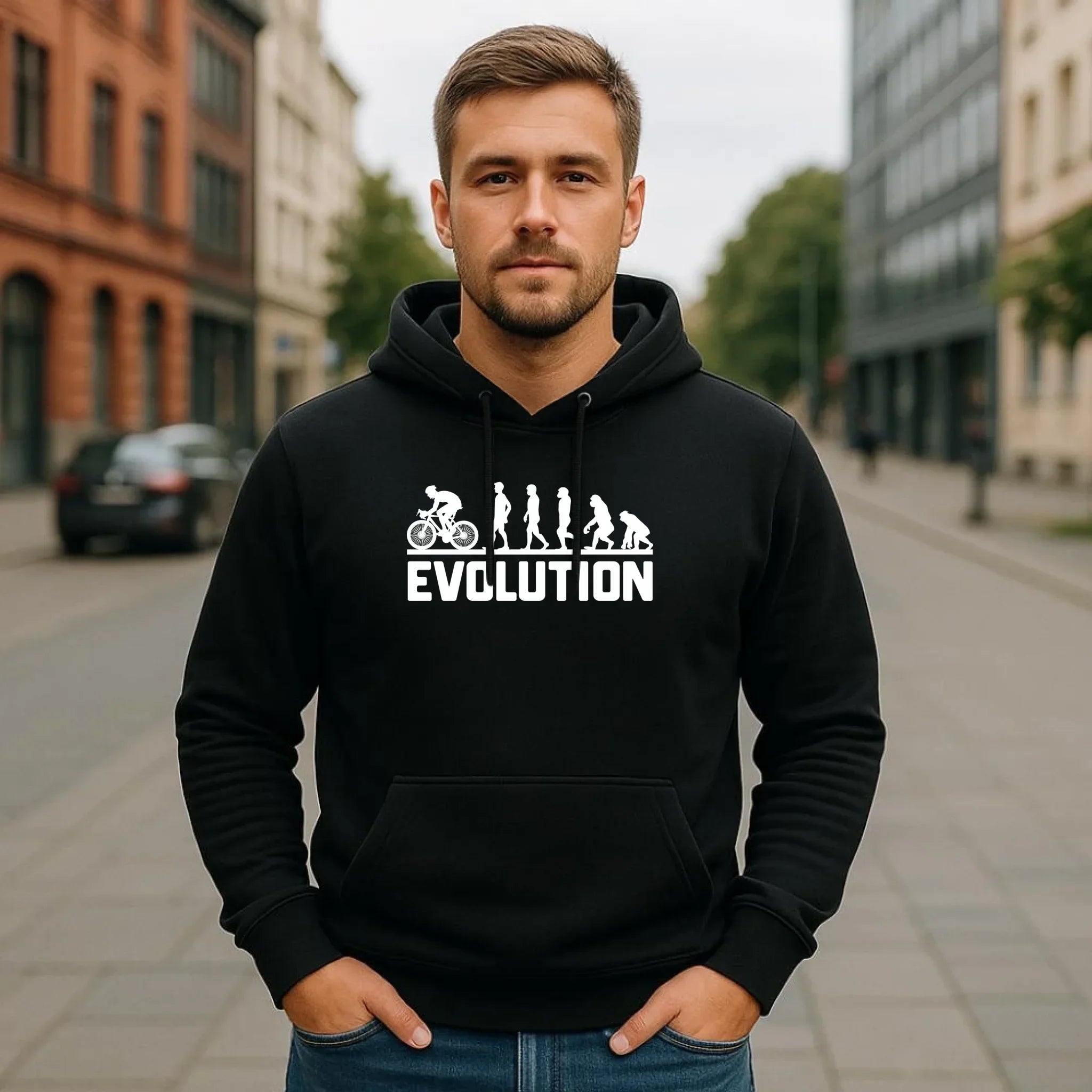 Bluza męska z kapturem na rower - Ewolucja rowerzysty HR04 - StoryCups.pl