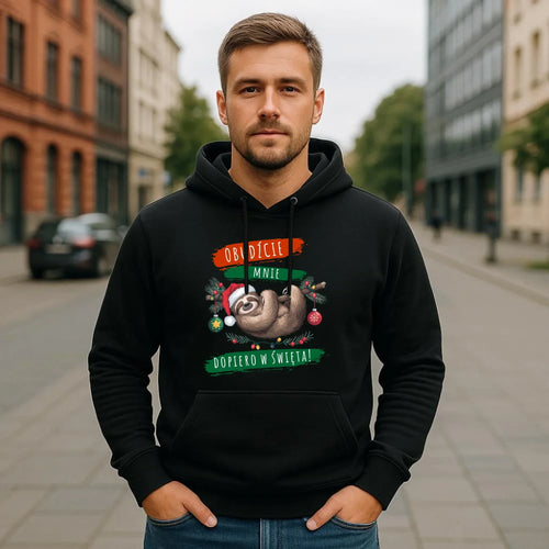 Bluza męska z kapturem świąteczna - Leniwiec - Obudźcie mnie dopiero w święta BN02 - StoryCups.pl