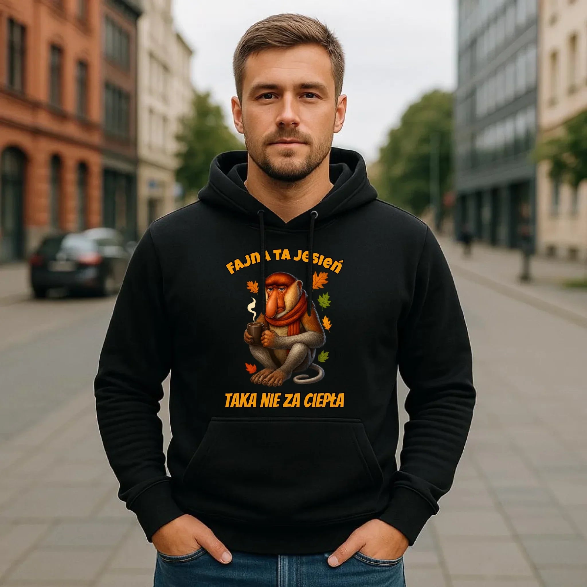 Bluza męska z kapturem jesienna - Janusz Nosacz - Fajna ta jesień, taka nie za ciepła JS21 - StoryCups.pl