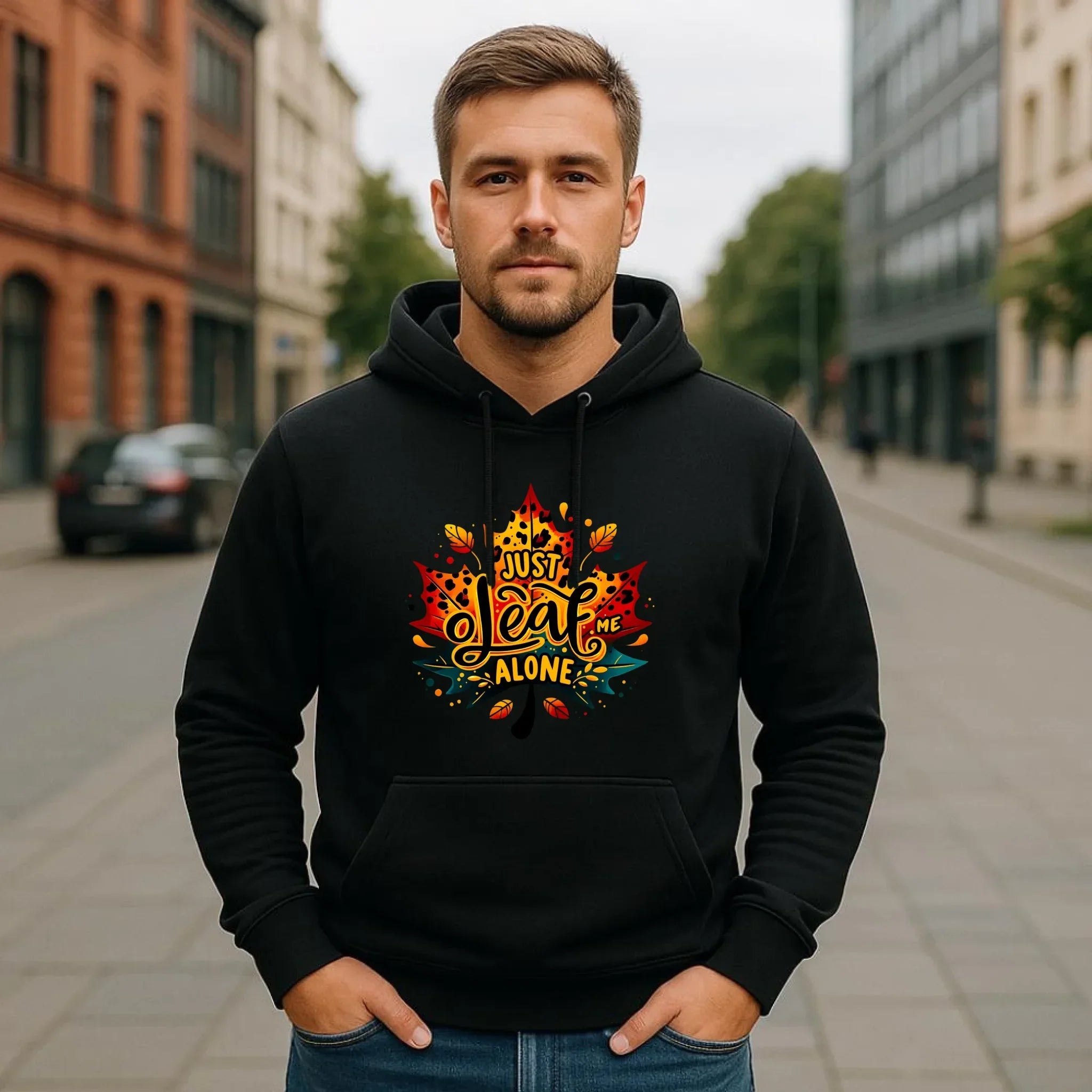Bluza męska z kapturem jesienna - Just leaf me alone JS22 - StoryCups.pl