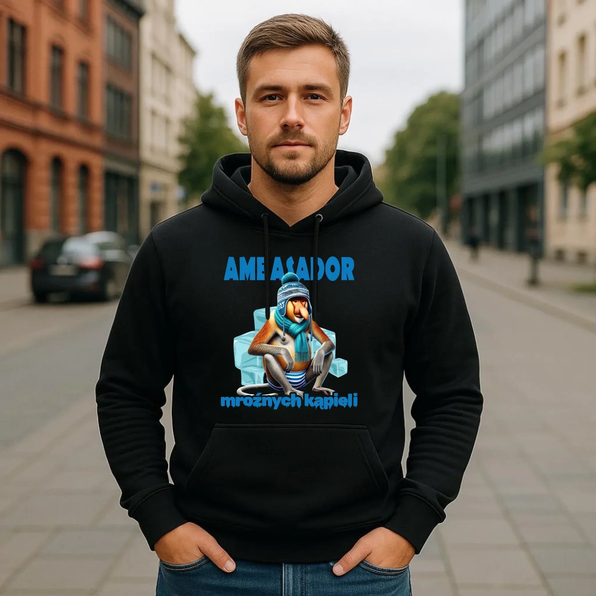 Bluza męska z kapturem - prezent dla morsa - Janusz Nosacz Mors - Ambasador mroźnych kąpieli HM03 - StoryCups.pl
