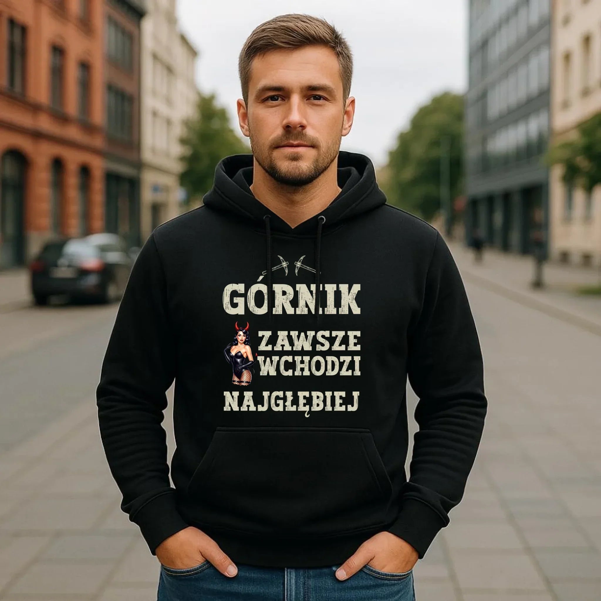 Bluza męska z kapturem - prezent dla górnika - Górnik zawsze wchodzi najgłębiej G22 - StoryCups.pl