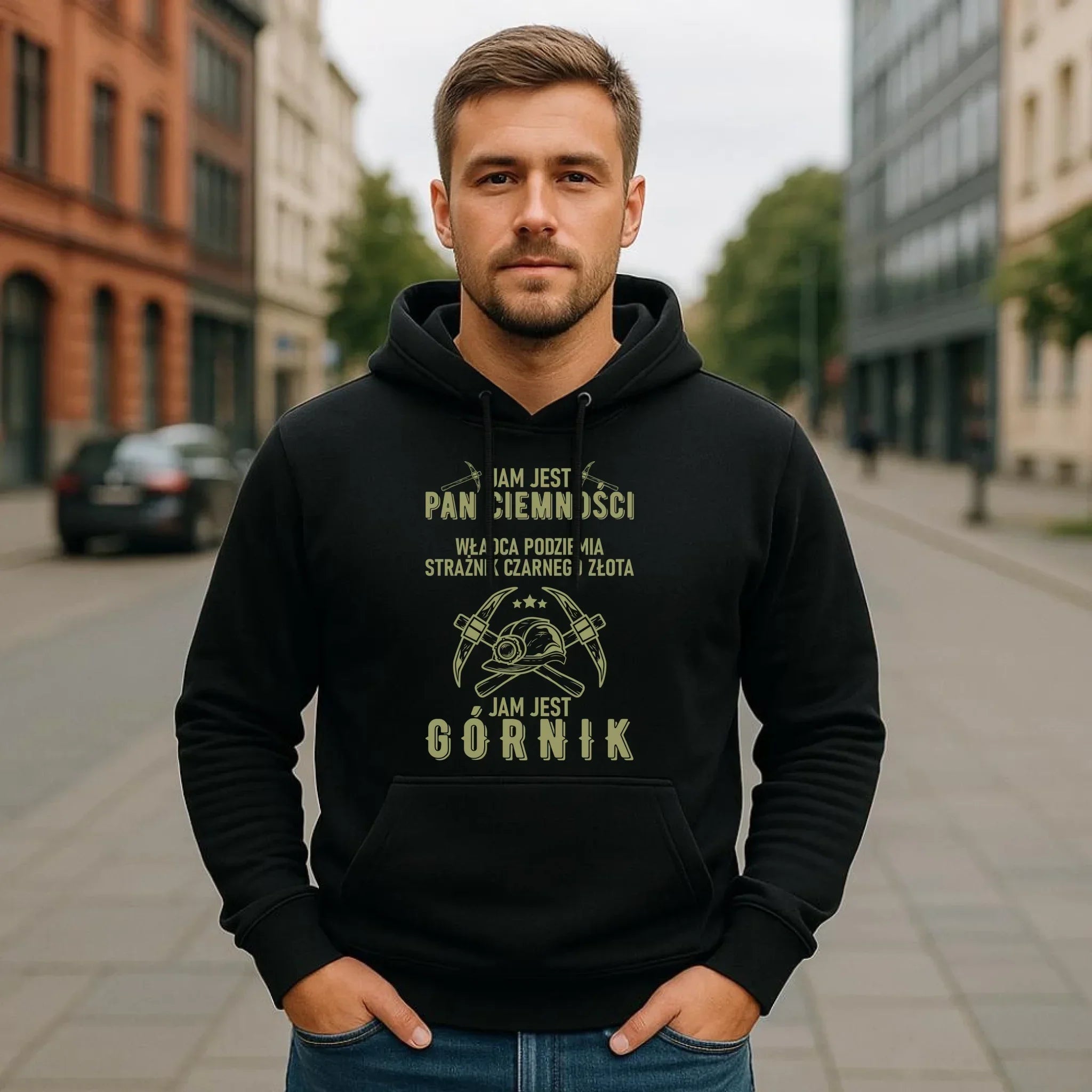 Bluza męska z kapturem - prezent dla górnika - Pan ciemności jam jest górnik G04 - StoryCups.pl