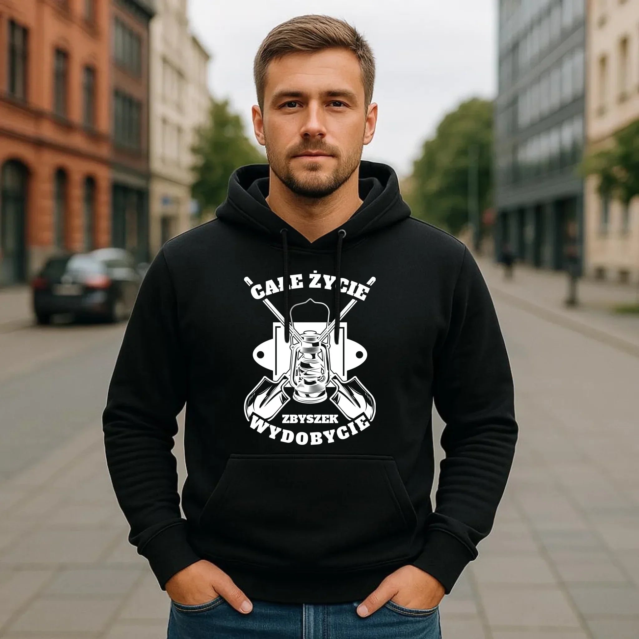 Bluza męska z kapturem - prezent dla górnika - Całe życie wydobycie - personalizowana G01 - StoryCups.pl
