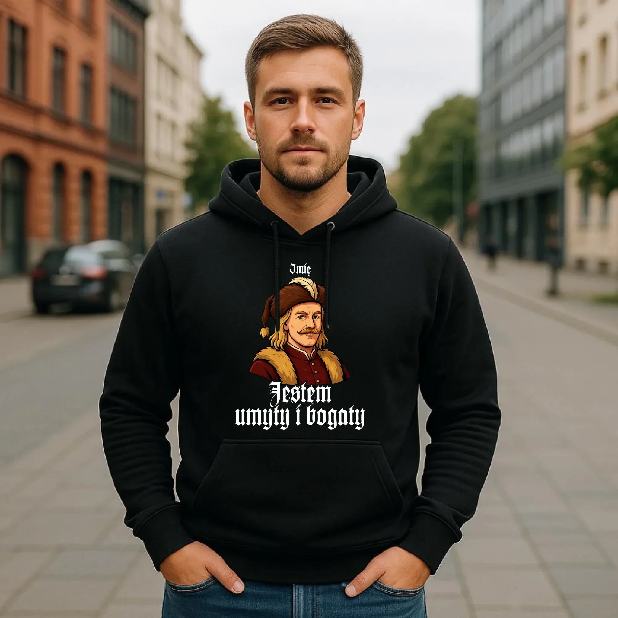 Bluza męska z kapturem - Jestem umyty i bogaty - dla fanów serialu 1670 - personalizowana H60 - StoryCups.pl