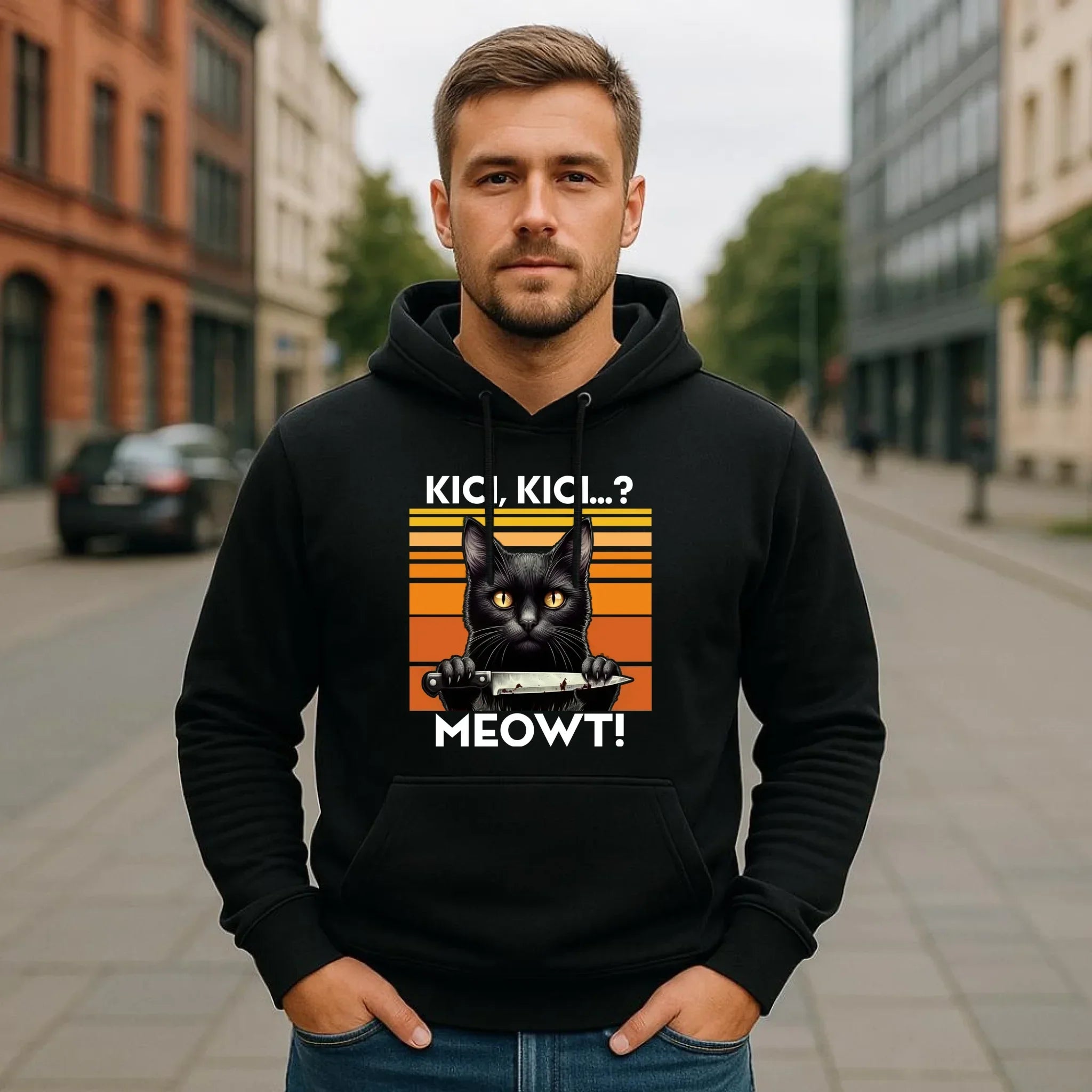 Bluza męska z kapturem - Kot z nożem - Kici, kici... MEOWT! HL17 - StoryCups.pl