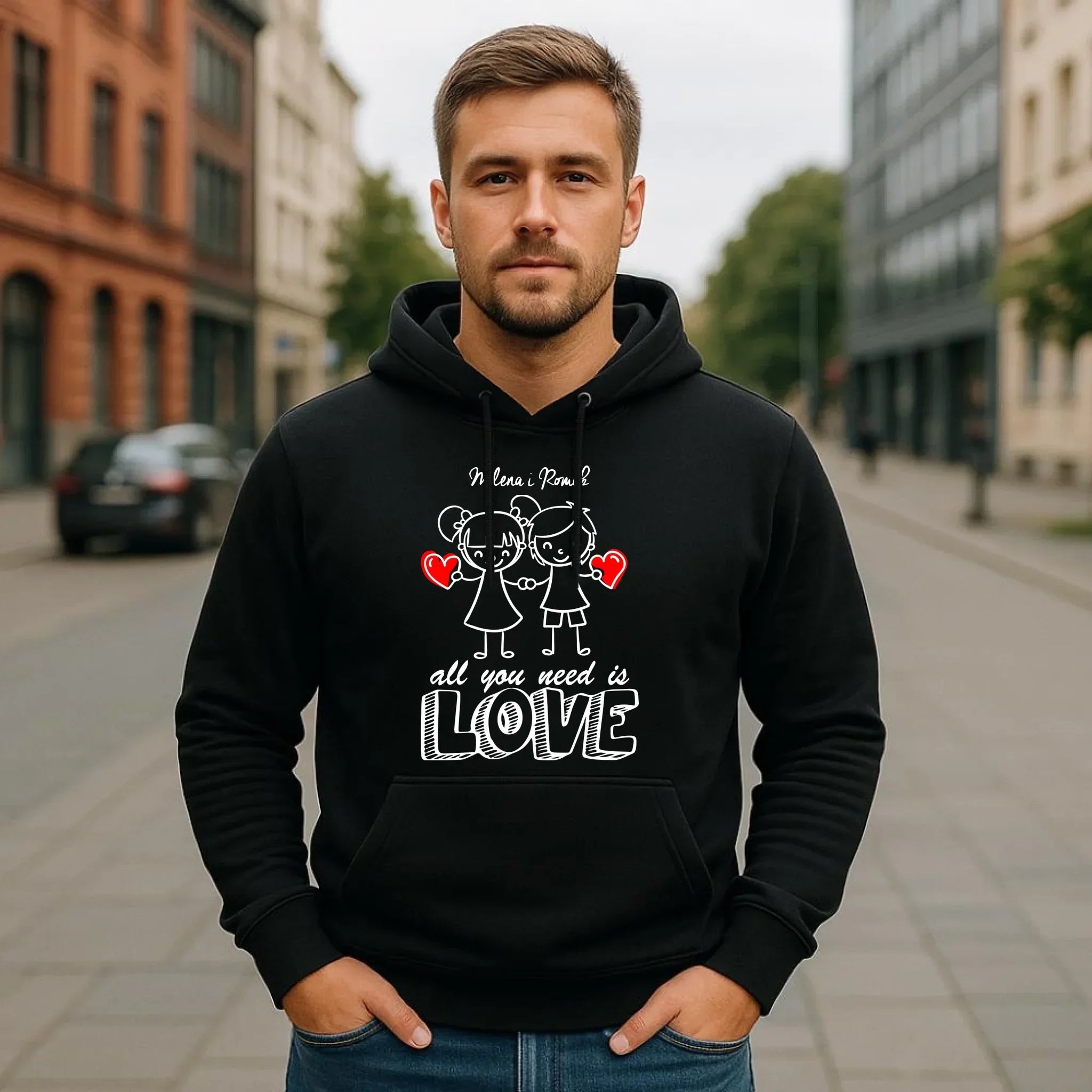 Bluza męska z kapturem dla par - All You need is love - personalizowana W13 - StoryCups.pl