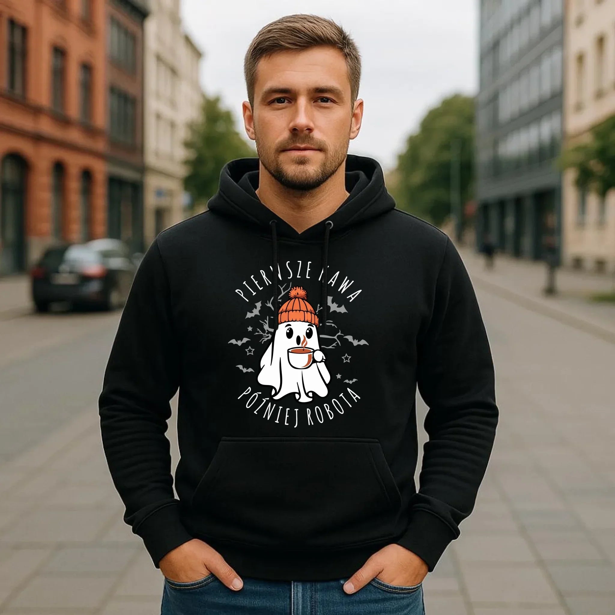 Bluza męska z kapturem na Halloween - Duch z kawą - Pierwsze kawa później robota HL01 - StoryCups.pl