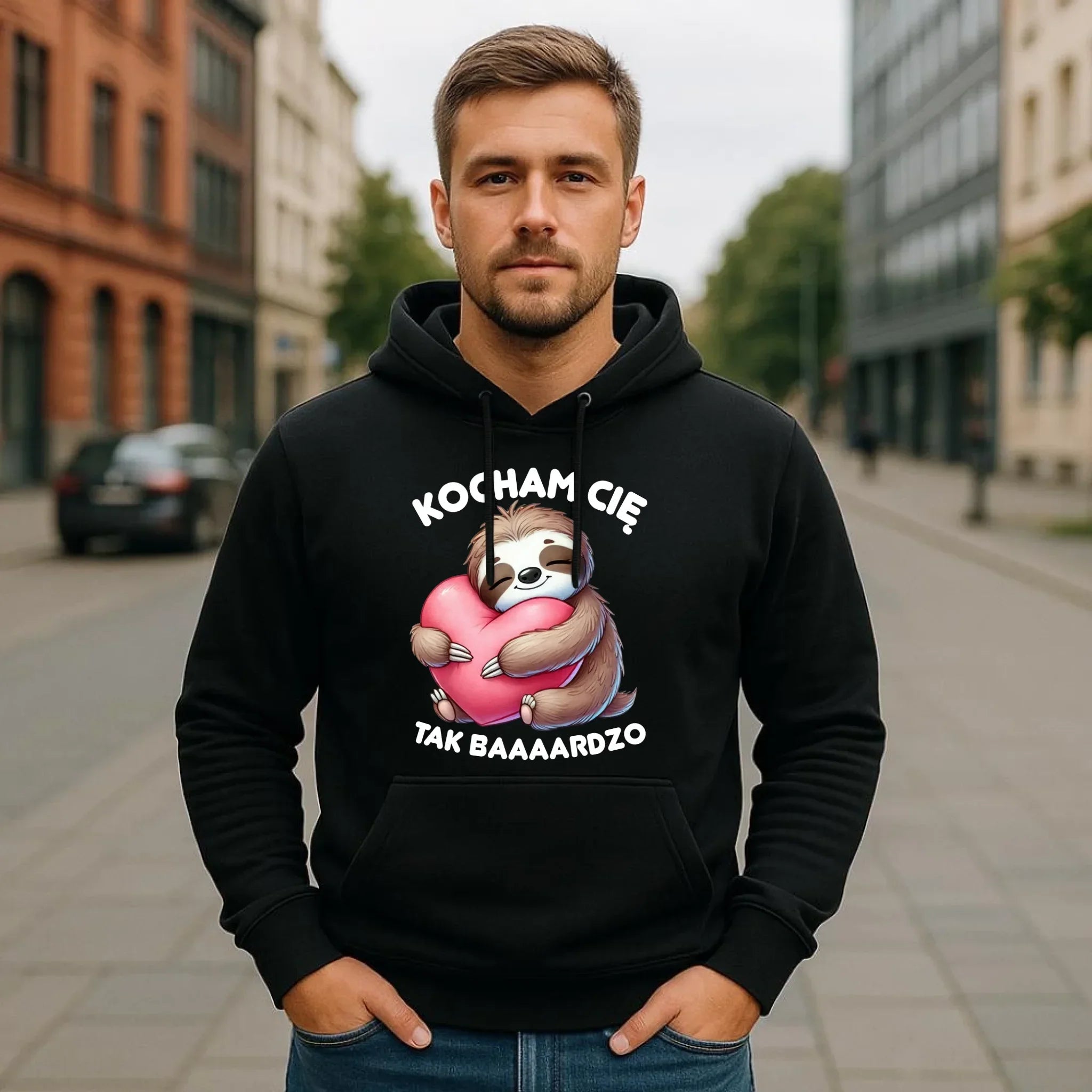 Bluza męska z kapturem - Leniwiec Kocham Cię tak baaaardzo W16 - StoryCups.pl
