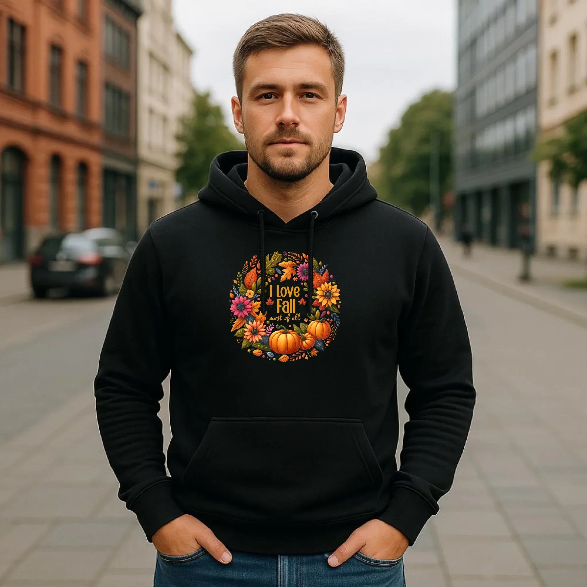 Bluza męska z kapturem jesienna - Kocham jesień - dynia z liśćmi JS03 - StoryCups.pl