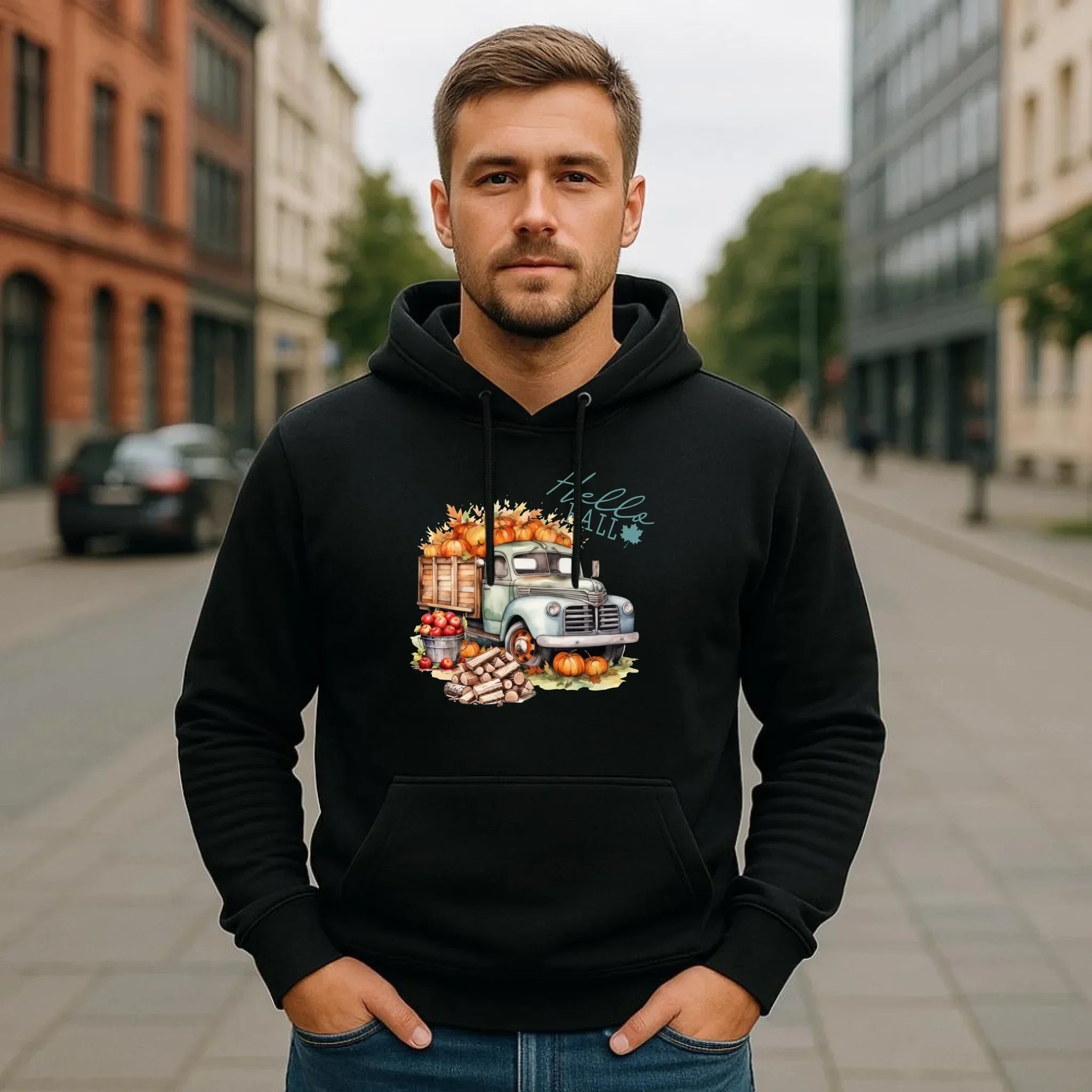 Bluza męska z kapturem jesienna – Hello Fall ciężarówka z dyniami JS08 - StoryCups.pl