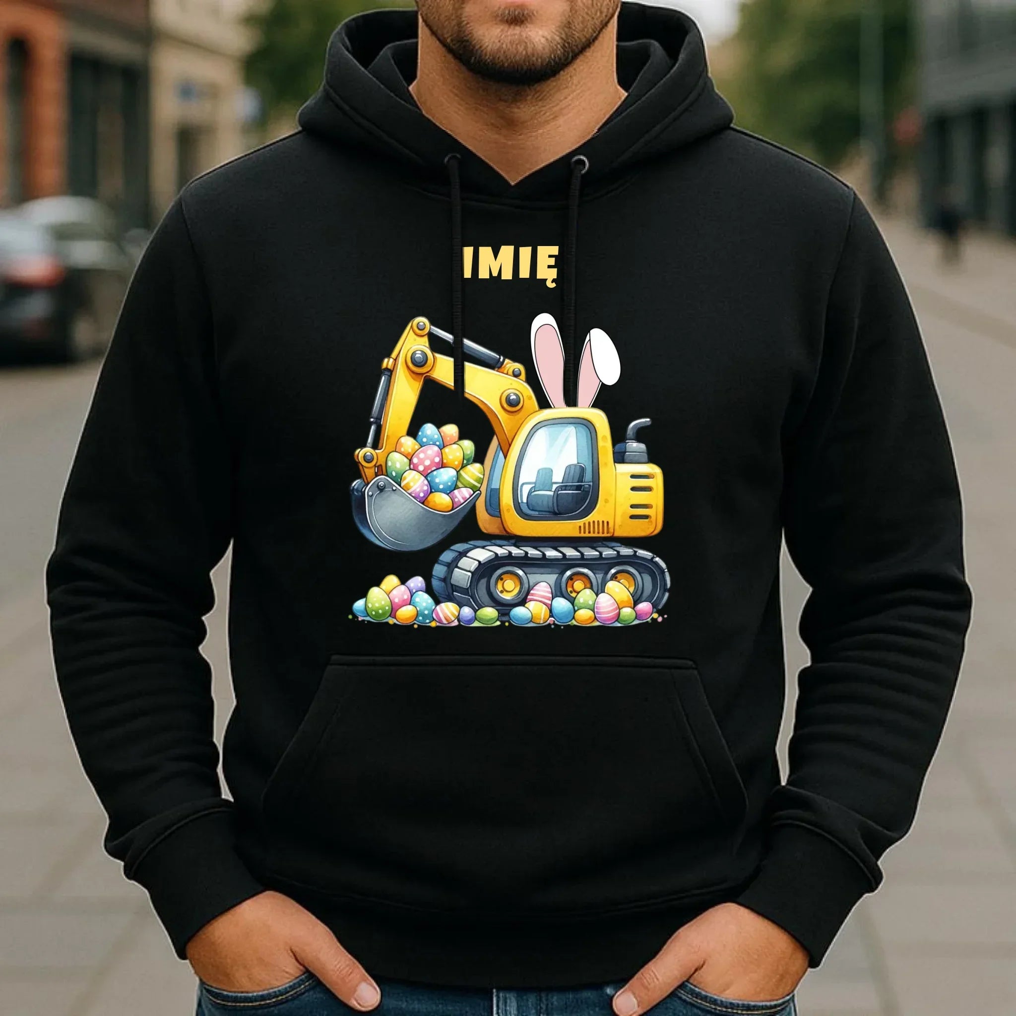 Bluza męska z kapturem na Wielkanoc - Koparka z pisankami - personalizowana WN17 - StoryCups.pl