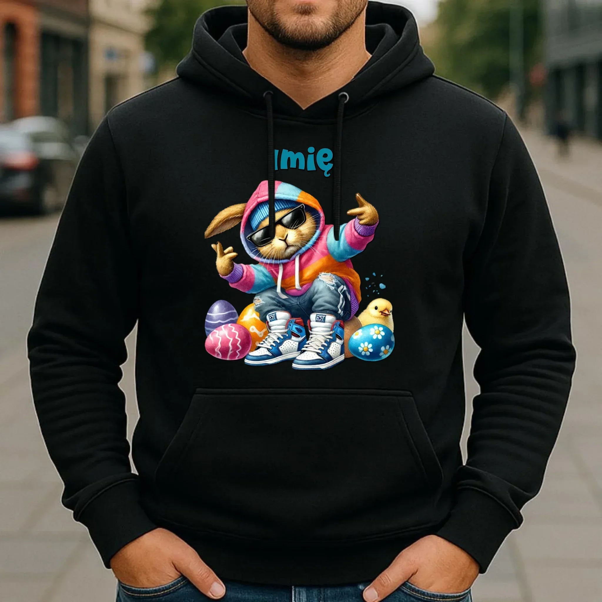 Bluza męska z kapturem na Wielkanoc - Sigma Zając w pisankach - Prezent personalizowany WN04 - StoryCups.pl