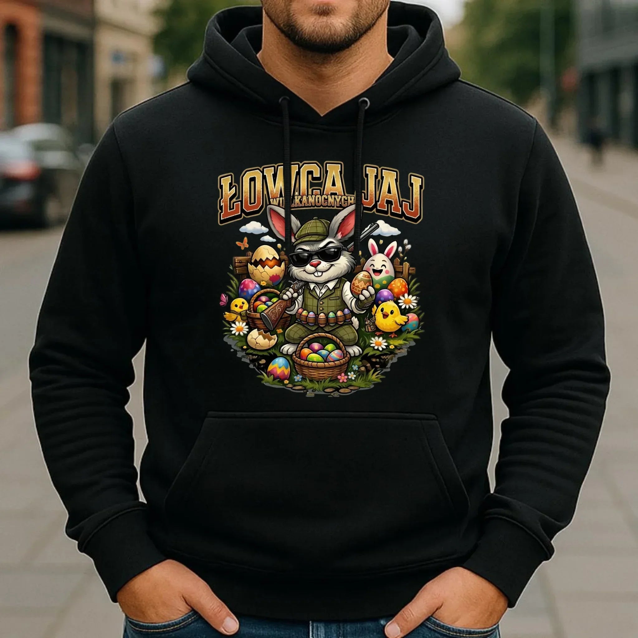 Bluza męska z kapturem wielkanocna - Zając Łowca Jaj WN12 - StoryCups.pl