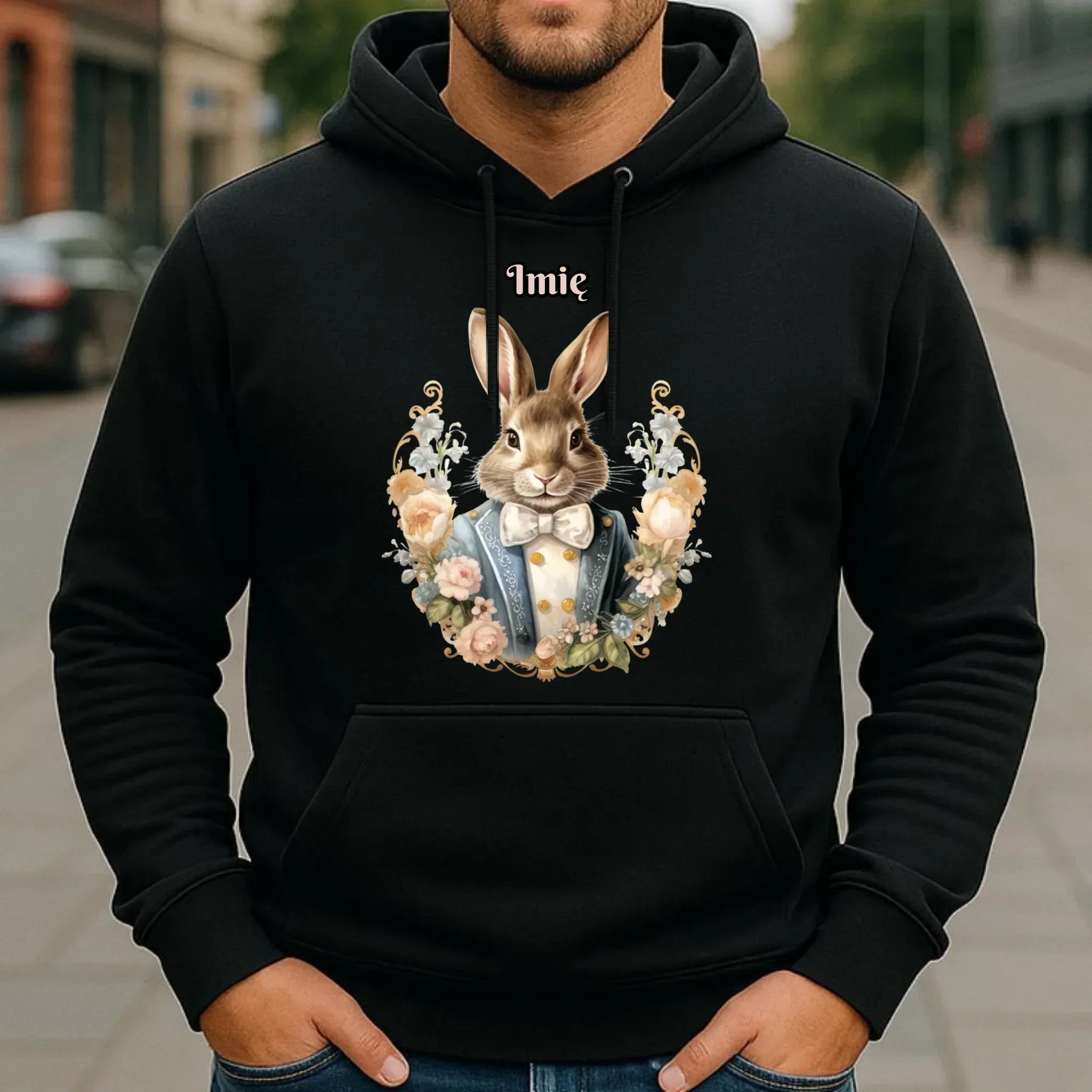 Bluza męska z kapturem na Wielkanoc - Elegancki Pan Zając - personalizowana WN06 - StoryCups.pl