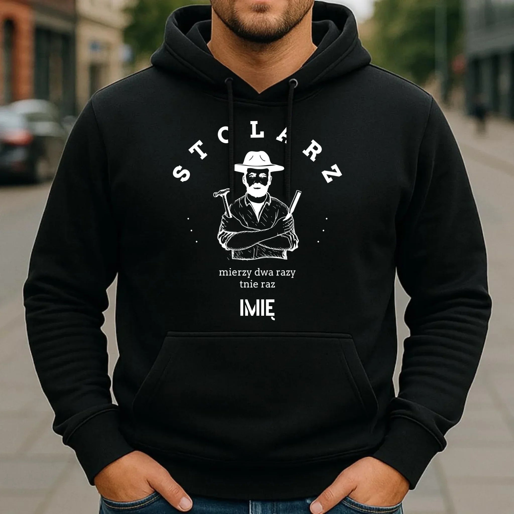 Bluza męska z kapturem dla stolarza - Mierzy dwa razy tnie raz - personalizowana ZS02 - StoryCups.pl