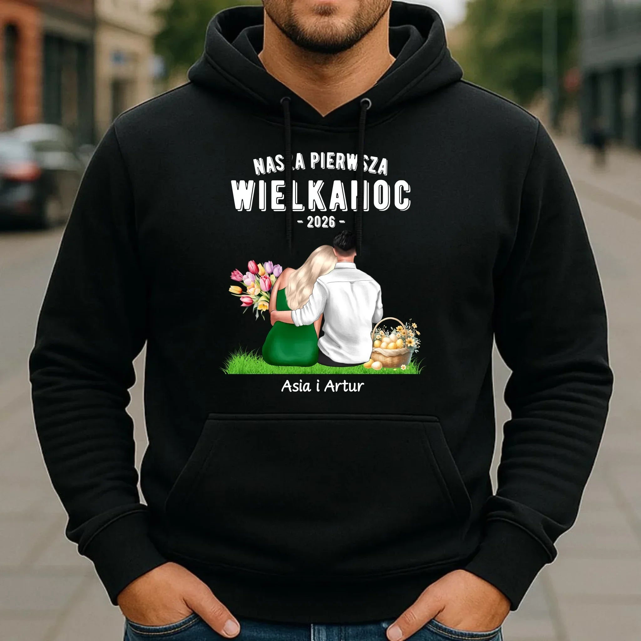 Bluza męska z kapturem wielkanocna dla par - Nasza pierwsza Wielkanoc - personalizowana WN16 - StoryCups.pl
