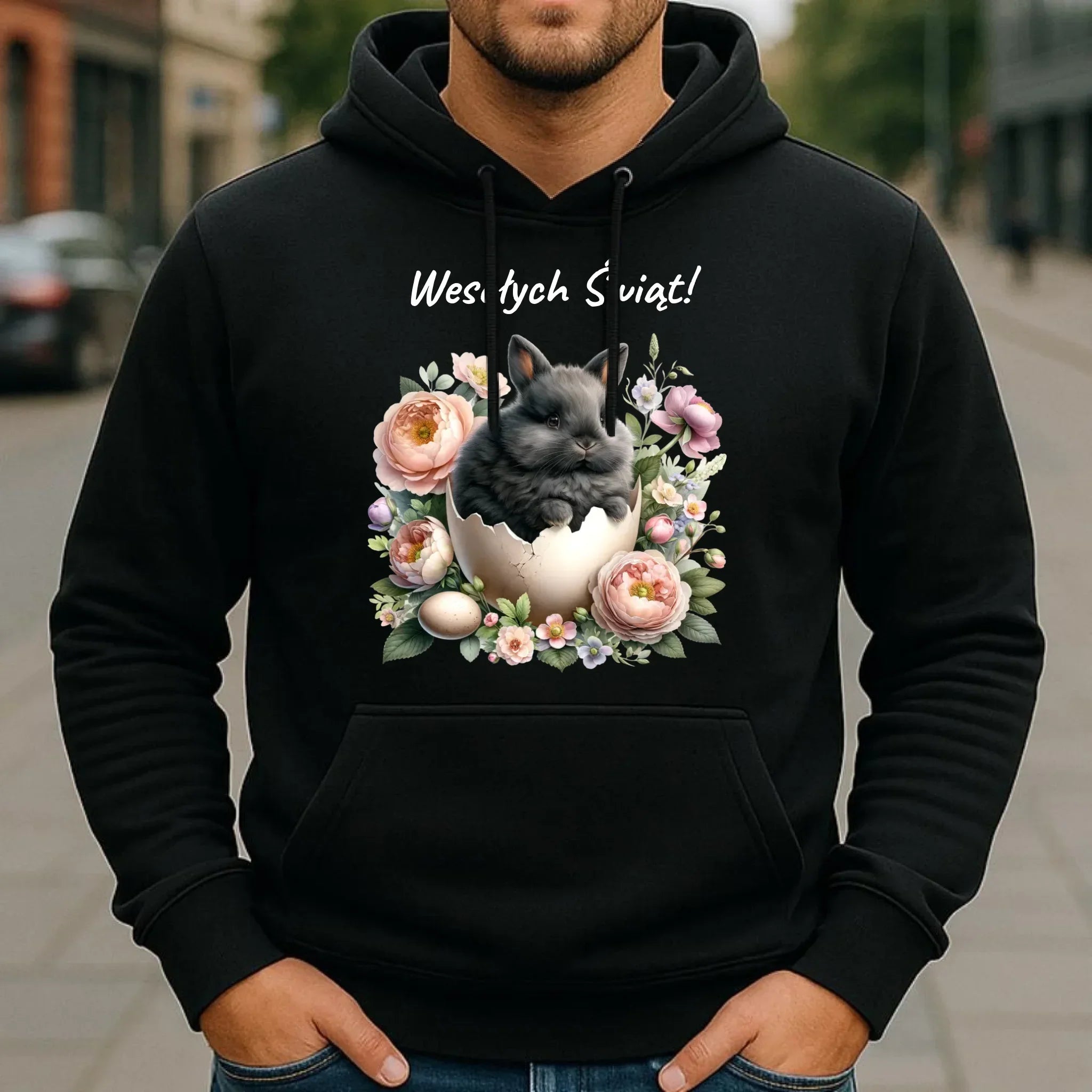 Bluza męska z kapturem na Wielkanoc - Zajączek w pisance Wesołych Świąt WN03 - StoryCups.pl
