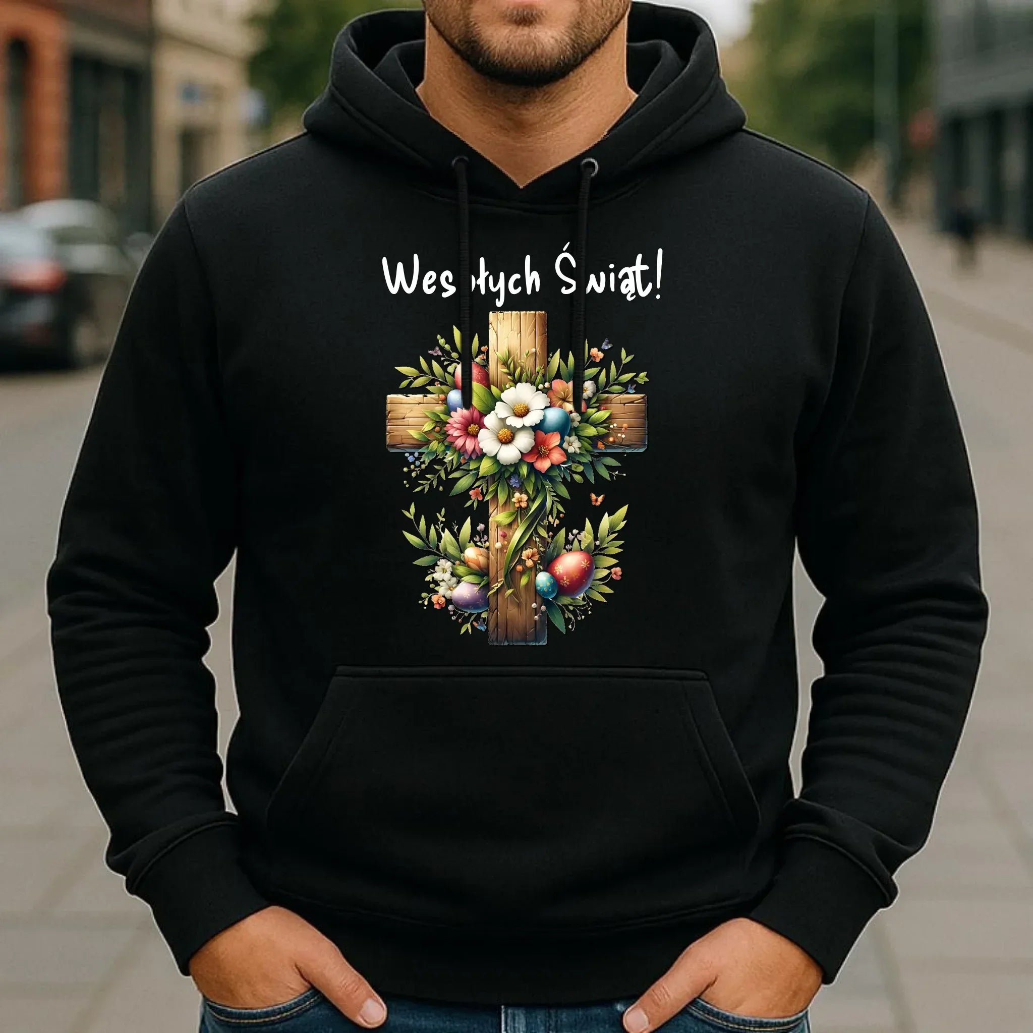 Bluza męska z kapturem na Wielkanoc - Krzyż z kwiatami Wesołych Świąt WN02 - StoryCups.pl