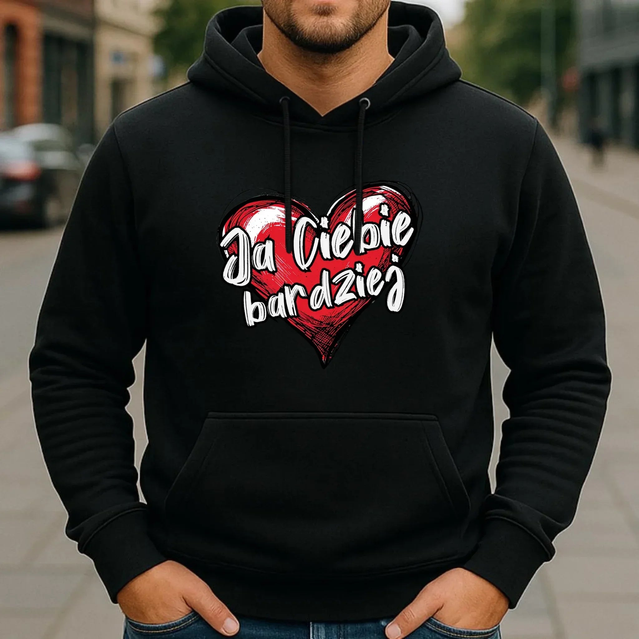 Bluza męska z kapturem - Serce Ja Ciebie bardziej W84 - StoryCups.pl