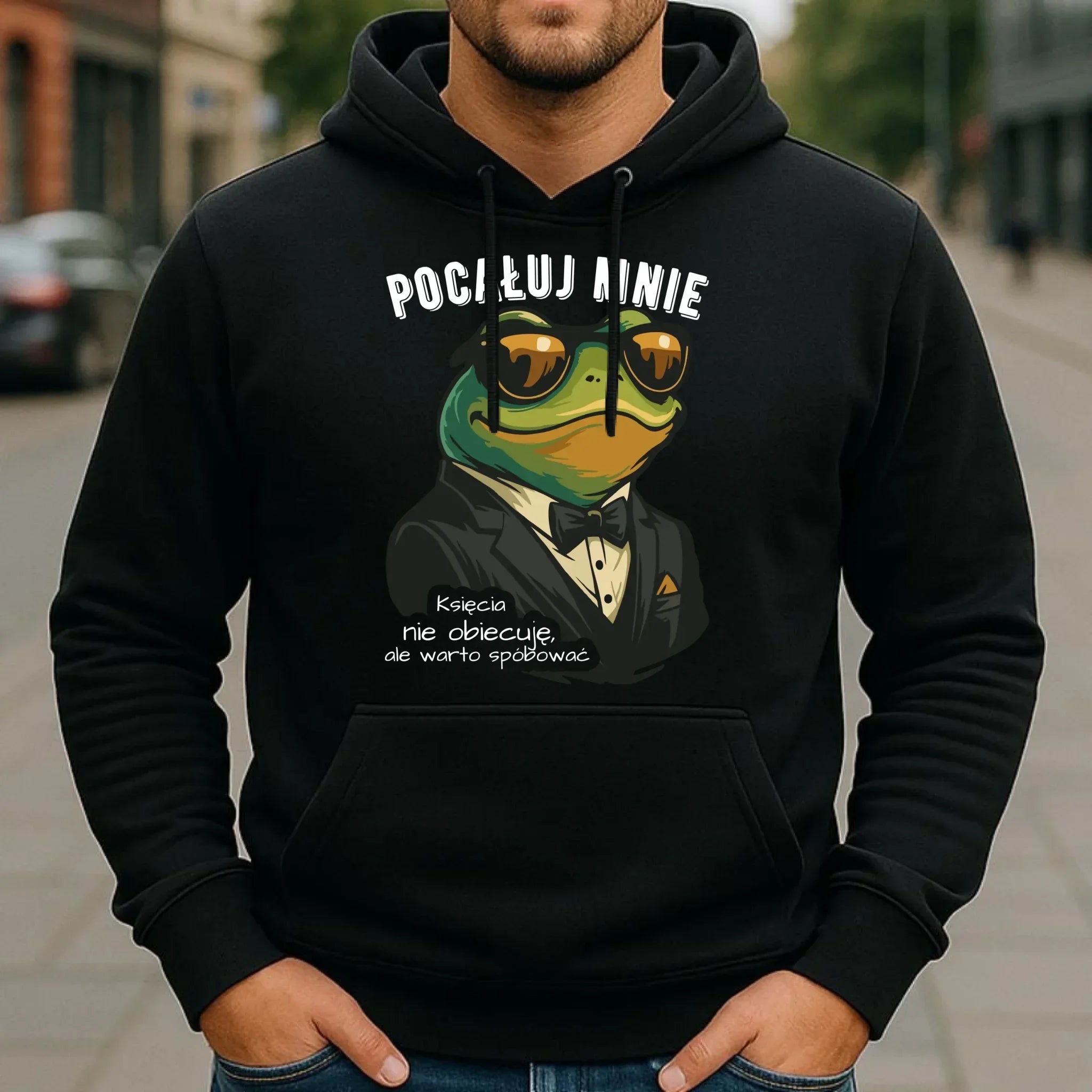 Bluza męska z kapturem - Żaba w garniturze pocałuj mnie W55 - StoryCups.pl