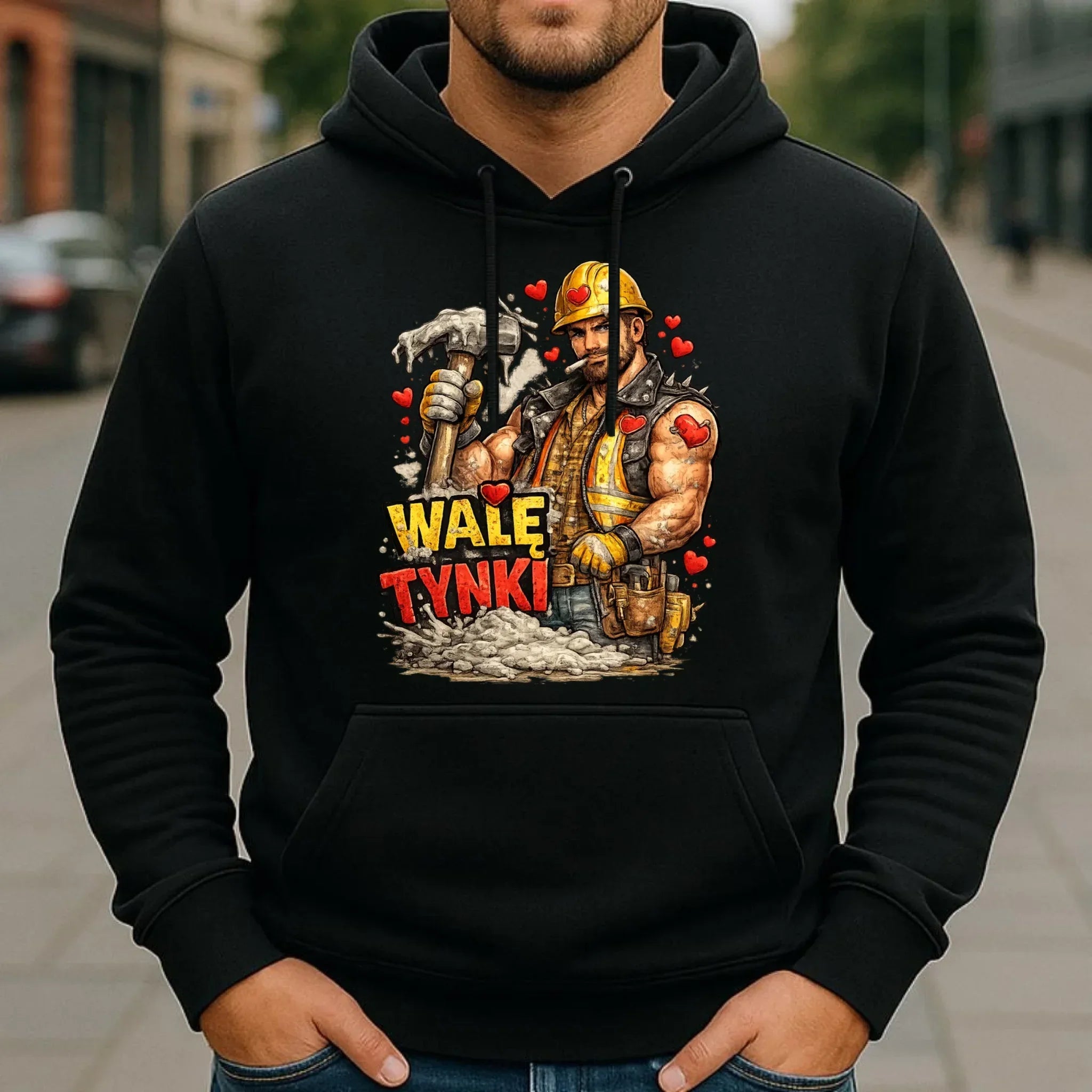 Bluza męska z kapturem na Walentynki - Budowlaniec Walę tynki W64 - StoryCups.pl