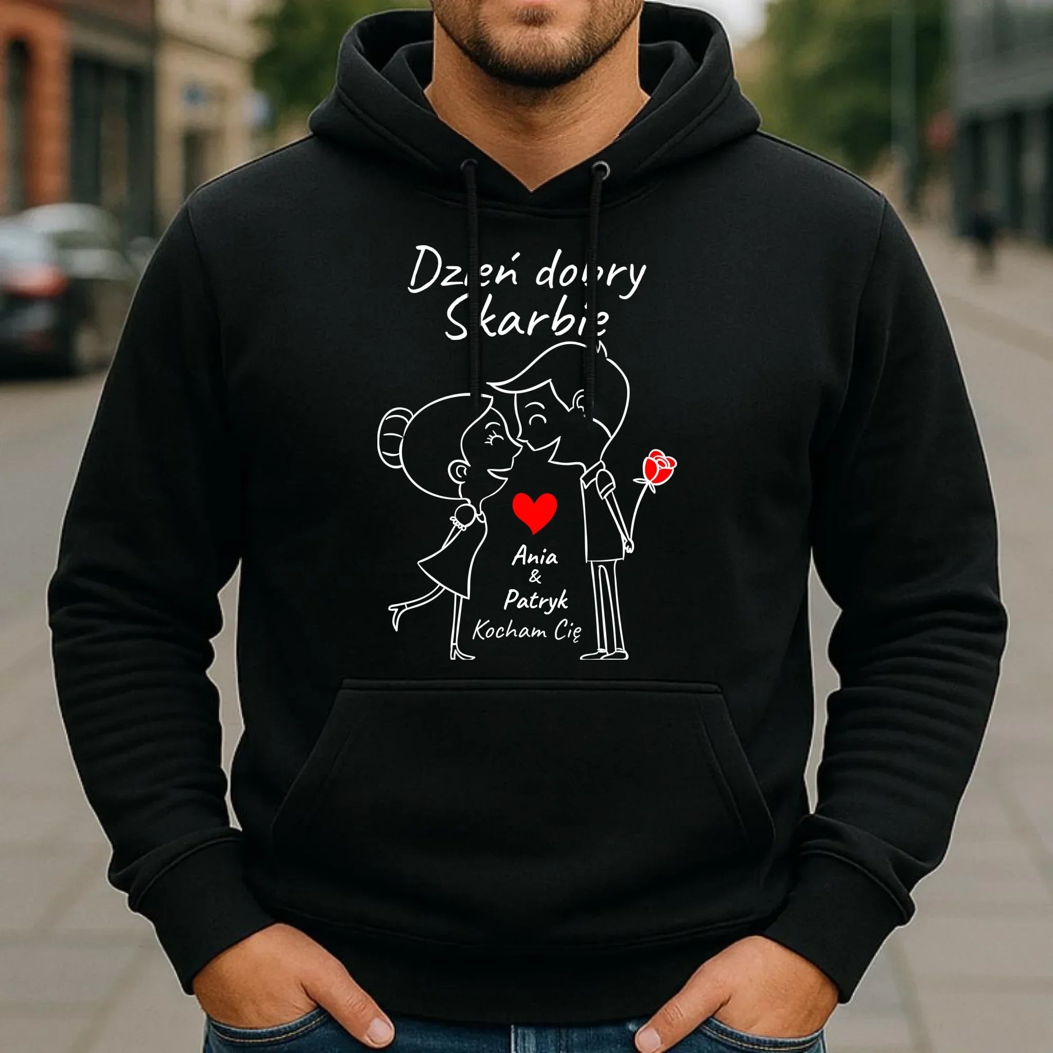 Bluza męska z kapturem dla par - Dzień dobry Skarbie - personalizowana W15 - StoryCups.pl