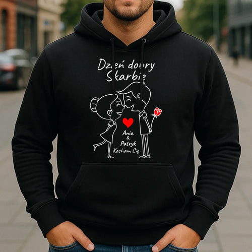 Bluza męska z kapturem dla par - Dzień dobry Skarbie - personalizowana W15 - StoryCups.pl