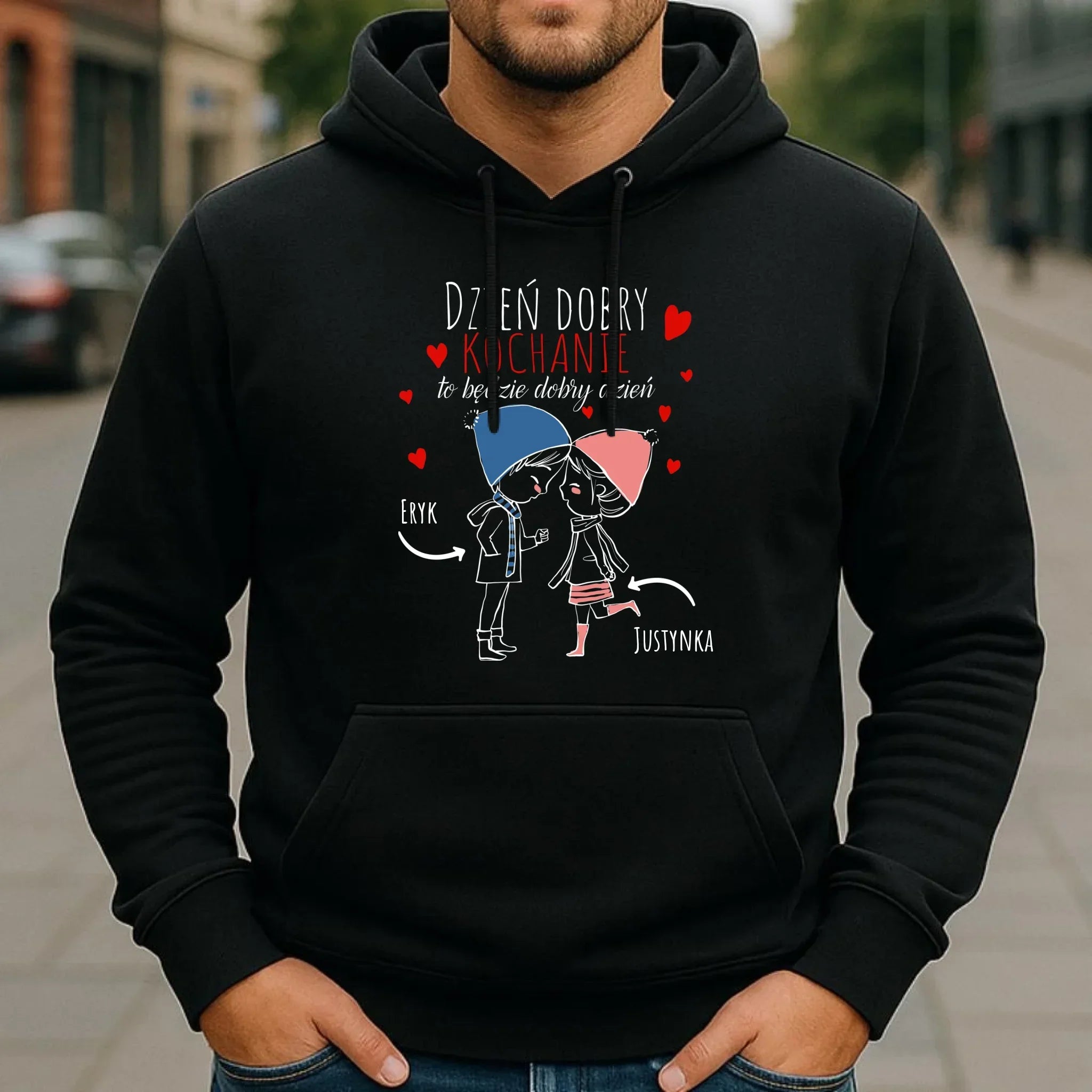 Bluza męska z kapturem dla par - Dzień dobry Kochanie - personalizowana W10 - StoryCups.pl